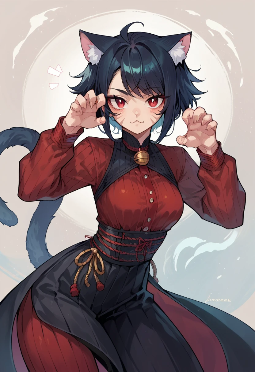 <lora:ExobeloStyle-000020:1>, score_9, score_8_up, score_7_up, source_anime, 
1girl, solo, catgirl, cat ears, long black hair, red eyes, cat tail, looking at viewer, cat pose, medium breasts,