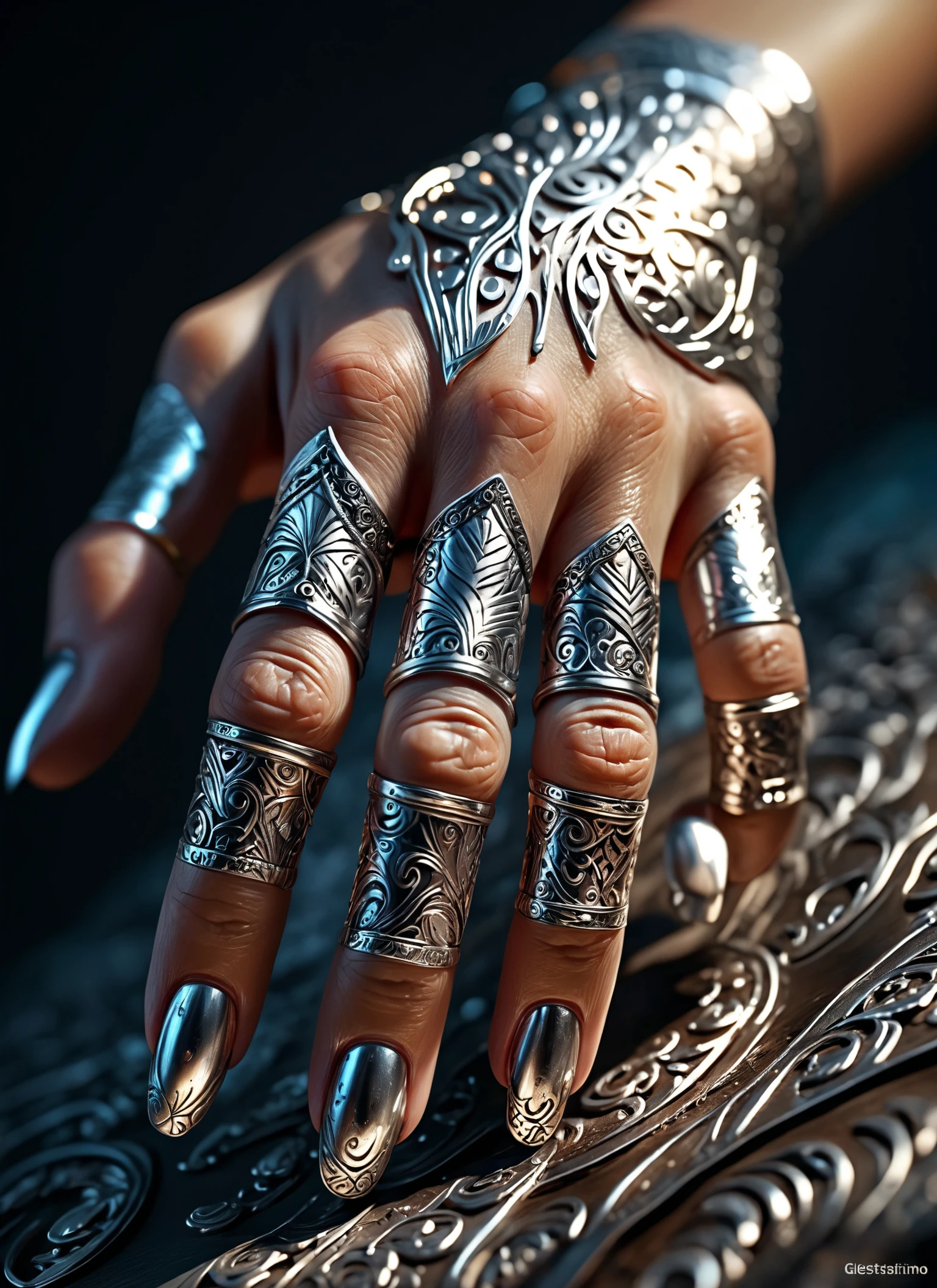 Wide angle photorealistic highly detailed hand illustration, (Gleaming silver fingers and intricate patterns:1.3), Dramatic lighting, Realistic skin textures, (Dynamic shadows:1.2), (Artistic background:1.2), Captured with ultra-sharp focus, Macro lens, Vivid color palette, Sharp details, Trending on ArtStation