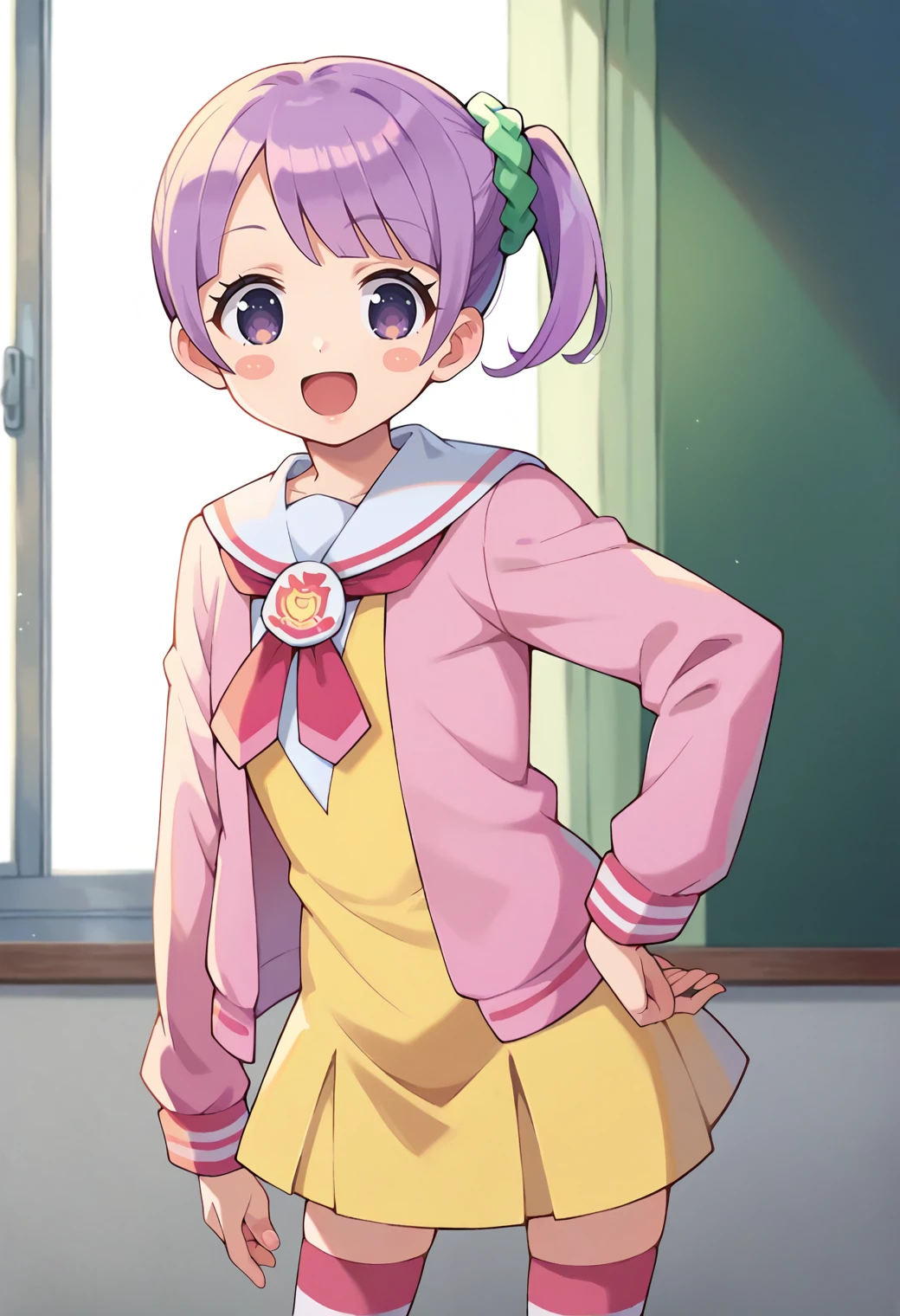 score_9, score_8_up, score_7_up, score_6_up, score_5_up, score_4_up, source_anime,
defnonb, side ponytail, hair scrunchie, blush stickers,
school uniform, white sailor collar, yellow dress, pink jacket, thighhighs, striped, shoes,
looking at viewer, smile, open mouth,
<lora:_manaka_non-elesico-pony-e12:0.9>
