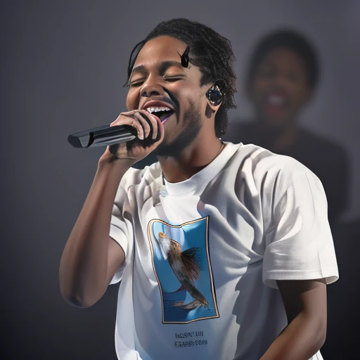 a young man on stage, holding a microphone and singing passionately. He is wearing a white t-shirt with a graphic of a bird on it and has a big smile on his face. The background is dark and there is a shadow of a person on the right side of the image. The man appears to be in the middle of a performance, as he is holding the microphone with both hands and his mouth is open as if he is singing