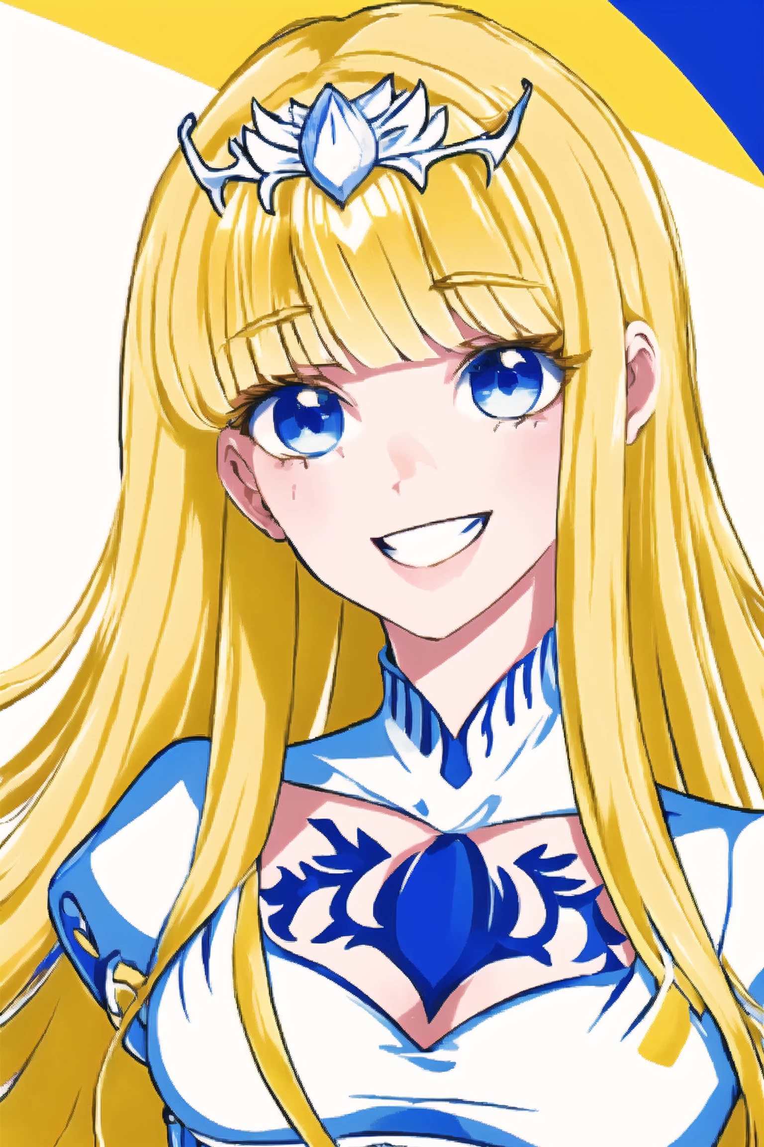 facial shot, bright eyes,, smiling, ,1girl, solo, Calca, Calca Bessarez, blonde hair, (extremely long hair:1.3), very long hair, white tiara, white dress, blue eyes, medium chest, medium breast, yellow hair color<lora:EMS-269847-EMS:0.800000>, <lora:EMS-390959-EMS:1.200000>