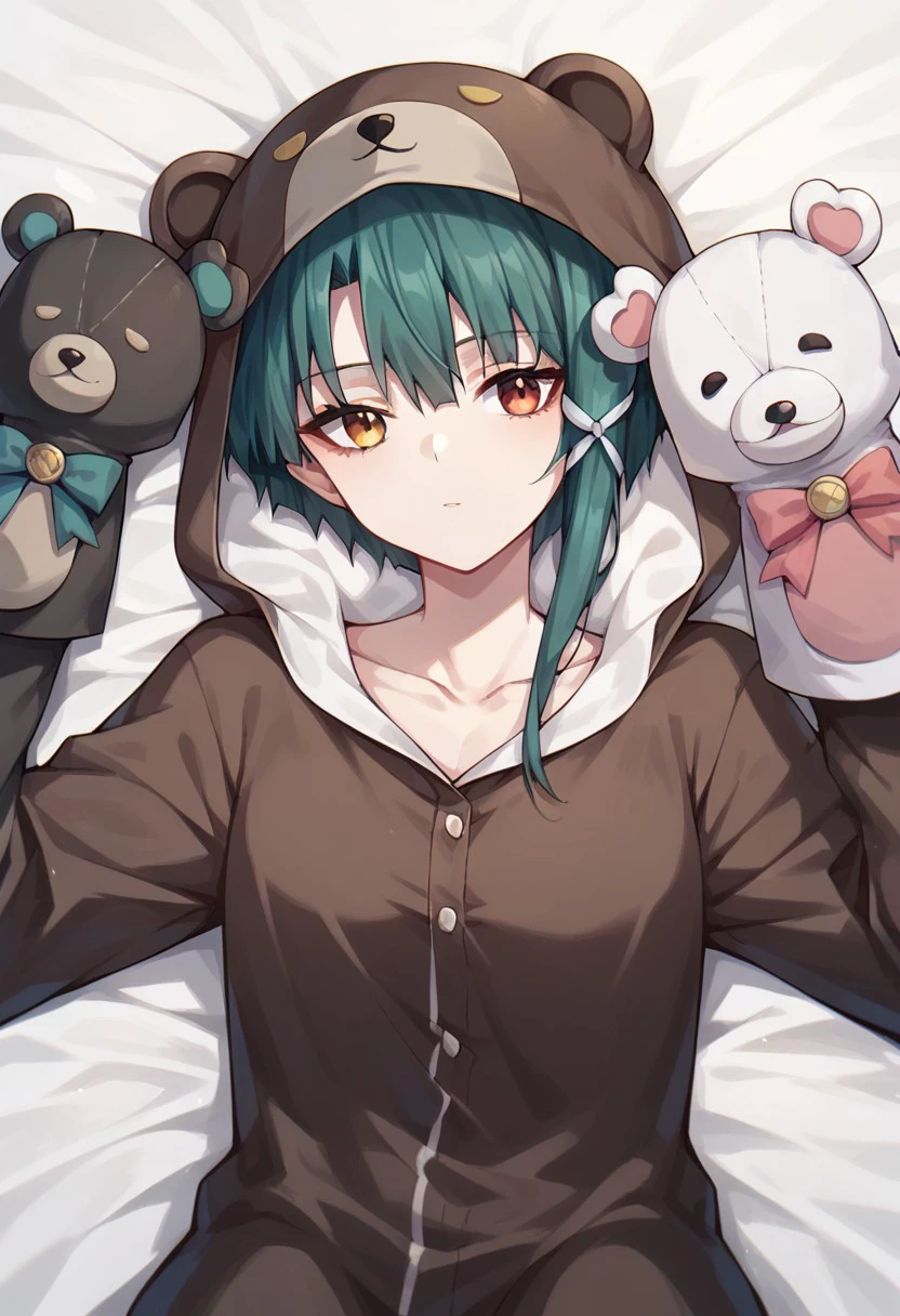 score_9, score_8_up, score_7_up, bear costume, asymmetrical hair, iwakura lain, bow, hair ribbon, single sidelock, hand puppet, hair between eyes, lying, puppet, collarbone