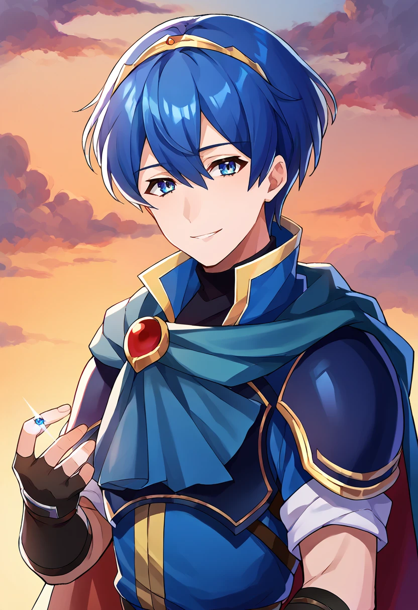 score_9, score_8_up, score_7_up, source_anime, BREAK,  solo, 1boy,  <lora:Marth-pdxl_Fp:1>, marthfe, blue hair, blue eyes, short hair, tiara, blue tunic, armor, cape, fingerless gloves, <lora:Engage-S-Rank-pdxl_Fp:1>, sky, cloud, smile, wedding ring, looking at viewer,