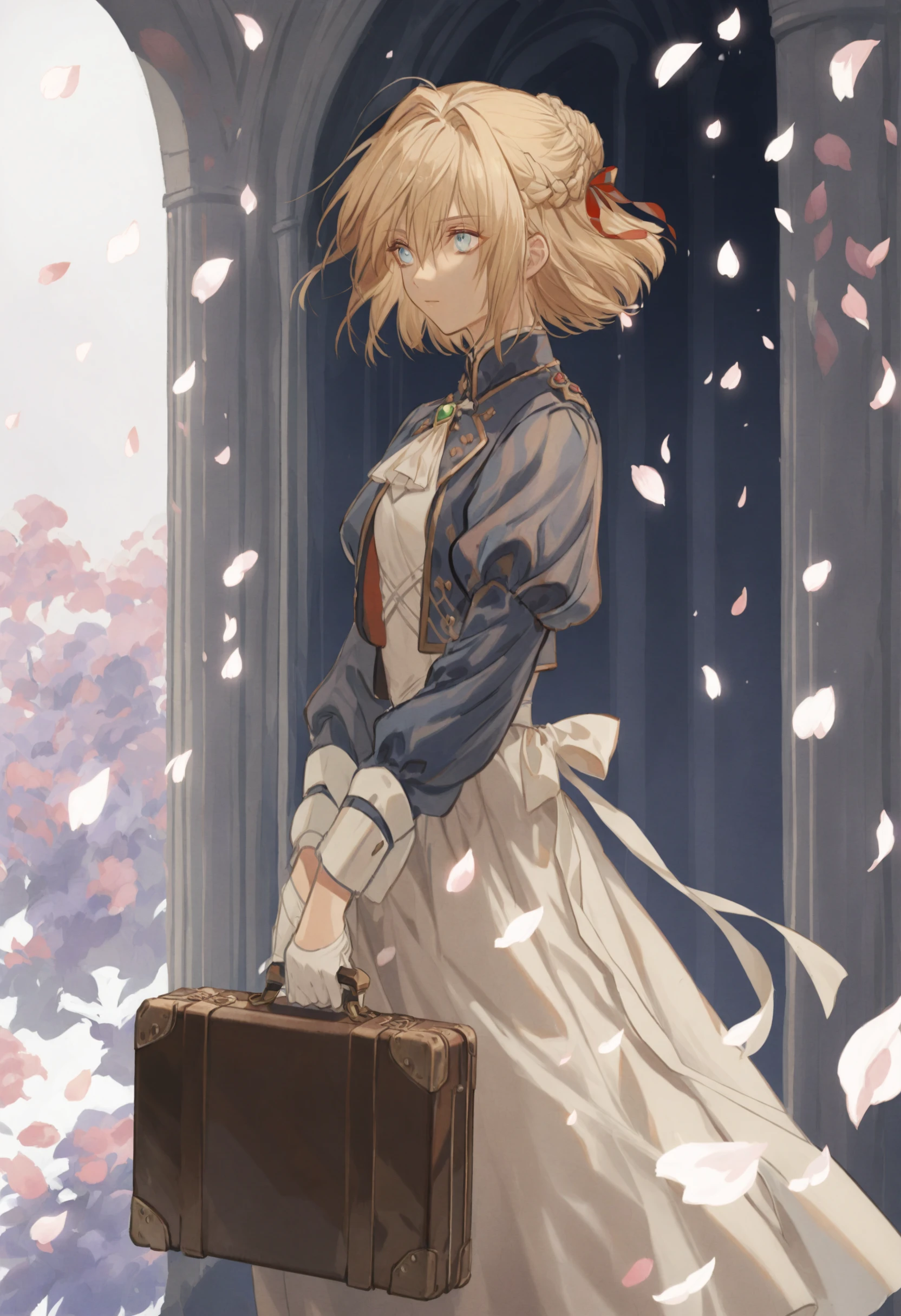 masterpiece, best quality,1girl, violet evergarden, solo, blonde hair, braid, petals, ribbon, red ribbon, blue eyes, dress, holding, hair between eyes, jewelry, long sleeves, hair ribbon, gloves, puffy sleeves, white dress, gem, blue jacket, green gemstone, juliet sleeves, jacket, wind, holding suitcase, suitcase, long dress, french braid, hair intakes, from side, brooch, ascot, closed mouth, holding briefcase, short hair, cropped jacket, medium hair, necklace, standing
<lora:huyaXLlokr3f-000191:0.95>