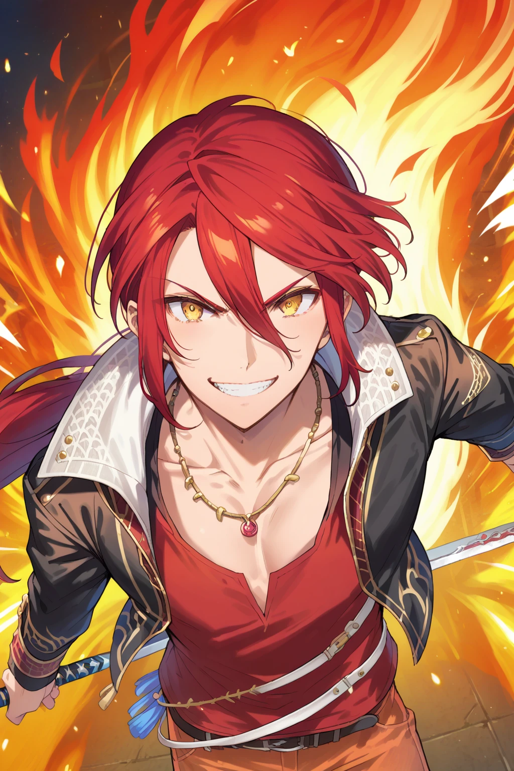 (score_9, score_8_up:1.1), score_7_up, aaron wei, 1boy, solo, red hair, hair between eyes, ponytail, yellow eyes, black and golden jacket, red shirt, necklace, white belts, orange pants, crazy smile, from above, dual weapon, holding, flames, fire, looking at viewer