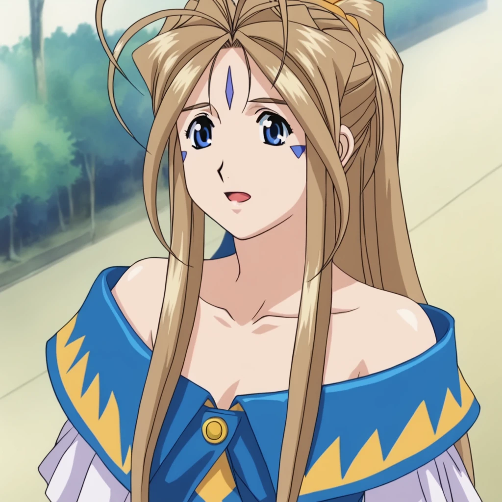 Belldandy, large_breasts, facial_mark, jewlery, <lora:Belldandy:0.45>