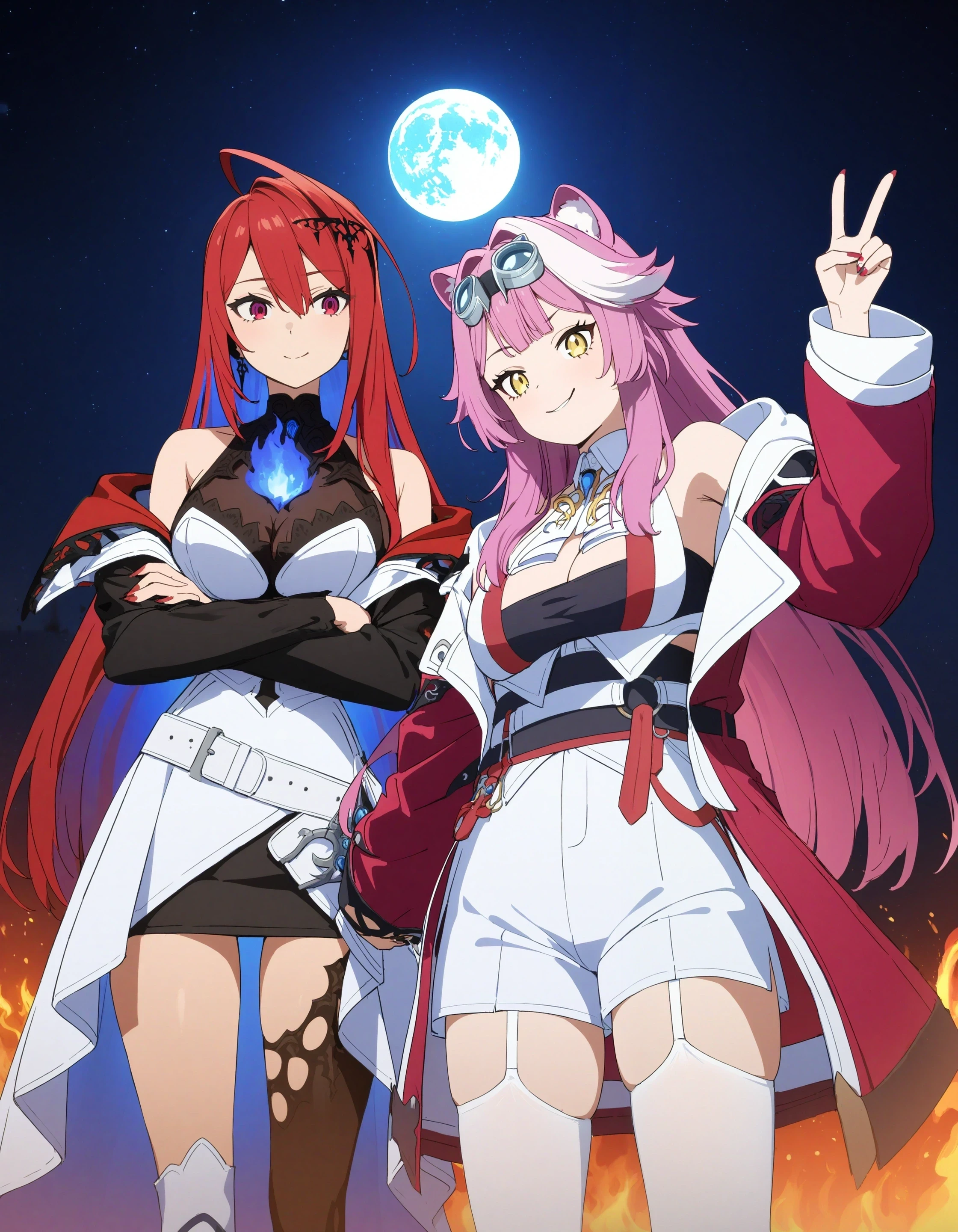 2girls, sousou no frieren, key visual,
night sky, moon, starry sky, standing together,
lisht particles, vfx, flames,
ADDCOMM
2girls, elizabeth rose bloodflame, smile,
white dress, single thigh boot, asymmetrical legwear, off shoulder jacket, white belt, white thigh boots, black miniskirt, crossed arms, 
ADDCOL 
2girls, raora panthera, v, smug
yellow eyes, goggles on head, open jacket, white shorts, garter straps, white thighhighs, cleavage, o-ring
<lora:char_holojustice-v1.4:1>