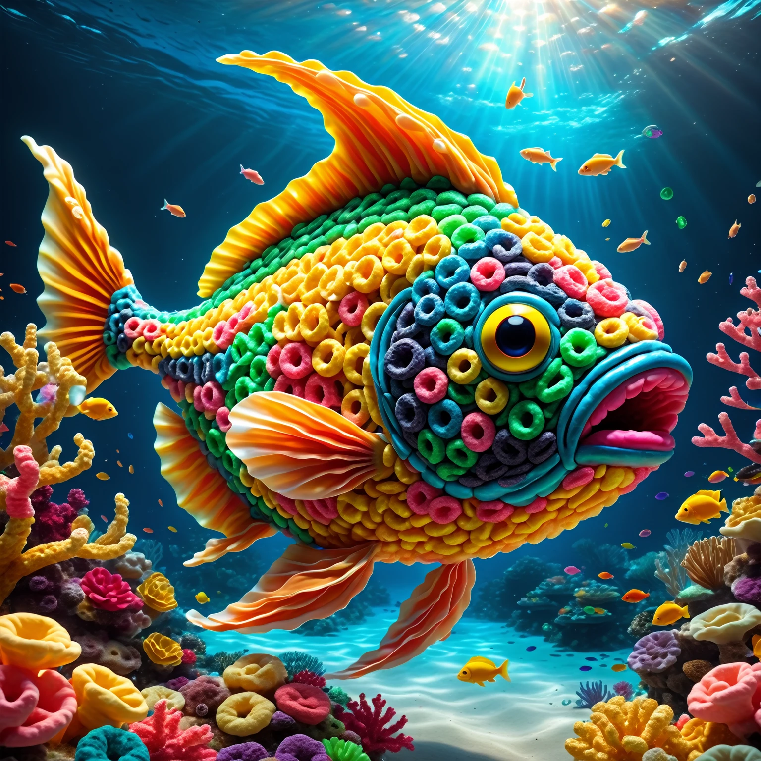 made of Fruit loops , epic digital picture of a giant fish swimming  deep in the ocean surrounded by glowing coral reefs, masterpiece, dramatic cinematic lighting, unforgettable, very intricate, high detail , photorealistic detail, ultra-realism , photorealistic,  ultra detailed ,octane render,    <lora:FruitLoopStyle_epoch_9:0.4>  <lora:SDXLFaeTastic2400:0.5>