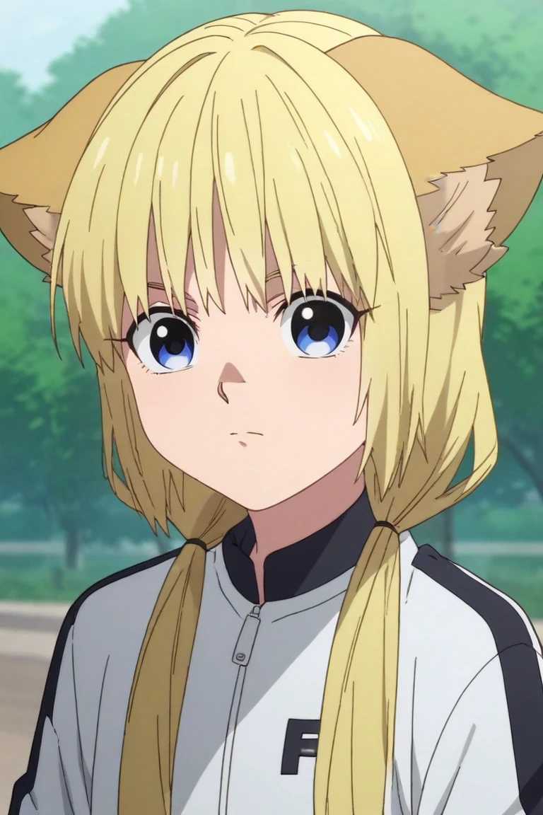 score_9, score_8_up, score_7_up, source_anime, rating_safe, , anime screencap, anime coloring, , looking at viewer, depth of field, 1girl, solo, <lora:kon_kemono_jihen_pony:0.88>, kon_kemono_jihen, blonde hair, blue eyes, long hair, twintails, low twintails, bangs, animal ears, , , , , <lora:sdxl_lightning_8step_lora:1>