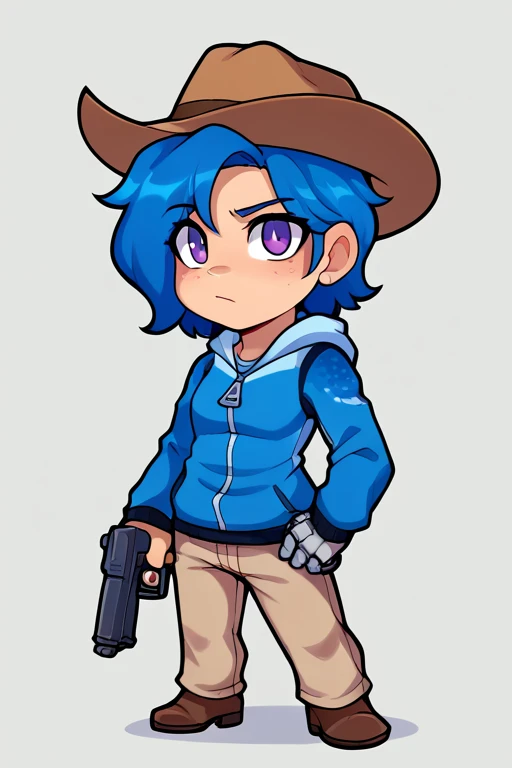 Chibi, score_9, score_8_up, score_7_up,BREAK, 1girl, Tari, Blue Hoodie, tan pants, Mechanical Arm, Blue Hair, Purple Eyes, cowboy hat, gun<lora:EMS-410457-EMS:1.000000>