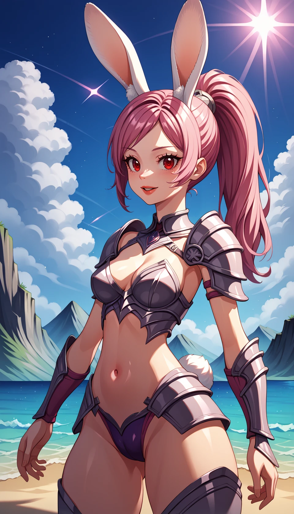 score_9, score_8_up, BREAK
solo, elinxl, red eyes, pink hair, ponytail, medium breasts, rabbit ears, 
armor, pauldrons, 
outdoors, beach, 
detailed background,
colorful, drop_shadow, light_particles
masterpiece, best quality, very aesthetic, absurdres, 
<lora:Elin_Pony:1>