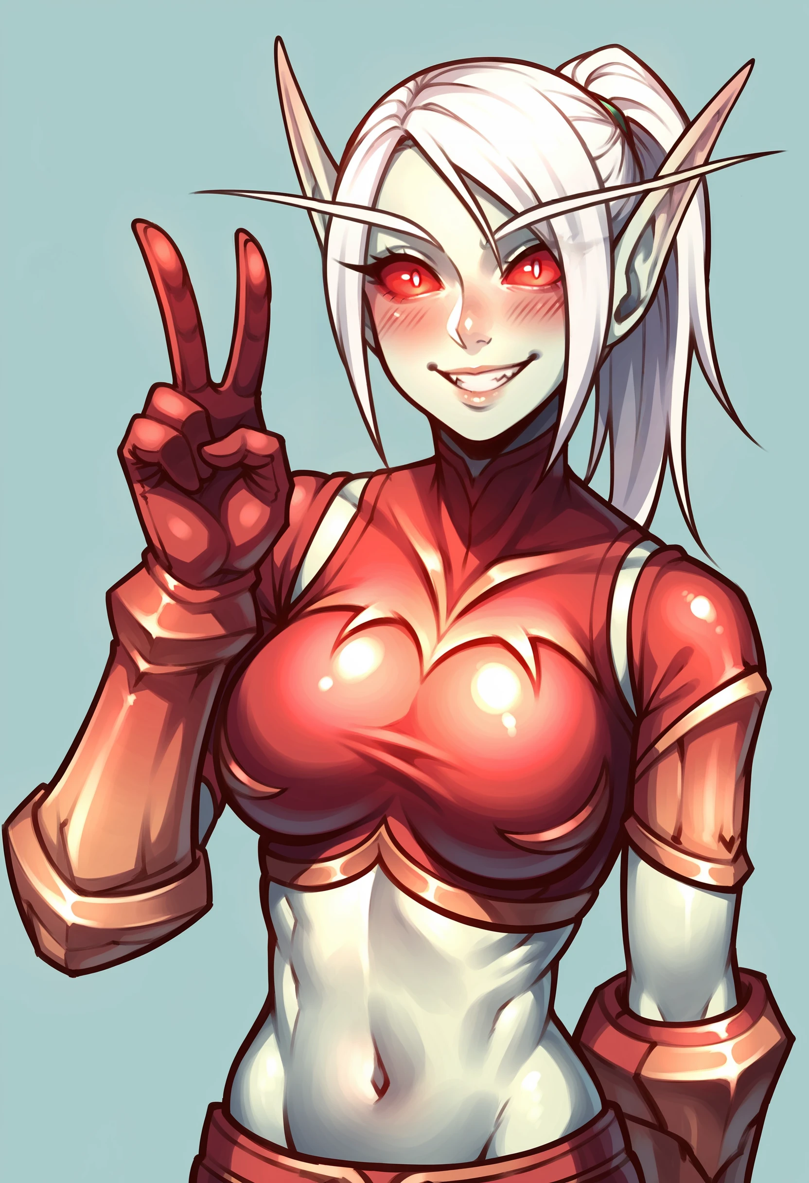 score_9, score_8_up, score_7_up, score_6_up, score_5_up, score_4_up,  <lora:BloodscaleBloodElf:0.9> 1girl, solo, large breasts, elf, colored skin, pointy ears, white hair, ponytail, long eyebrows, red eyes, red sclera, no pupil, glowing, armor, gloves, gauntlets, midriff, upper body, front view, looking at viewer, smile, blush, v sign, 
light blue background, simple background,