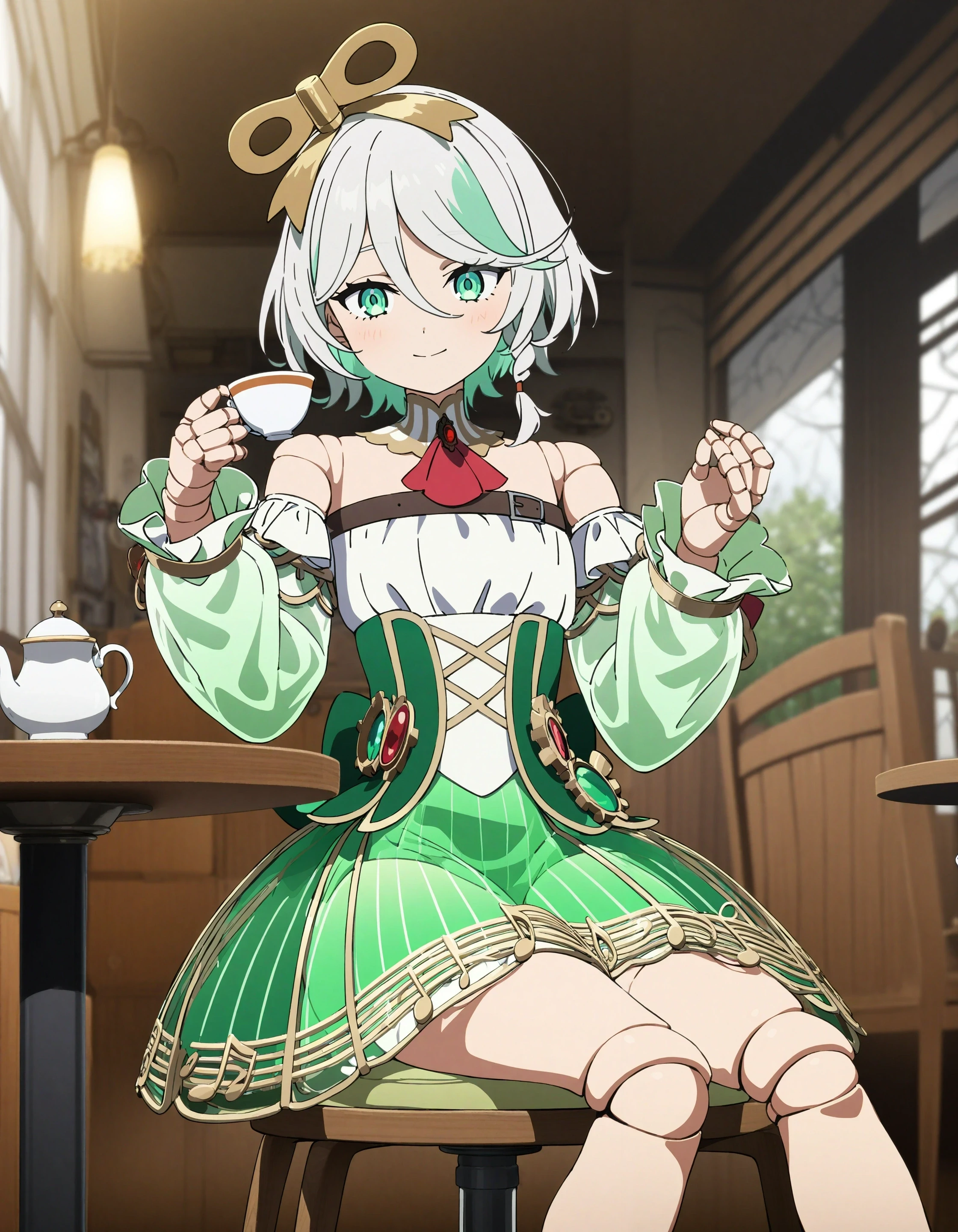 1girl, cecilia immergreen, sousou no frieren, key visual,
doll joints, looking at viewer, light smile,
green dress, musical note, cog, see-through skirt, shorts under skirt, white shorts,
indoors, cafe, sitting, chair, drinking tea, teapot
<lora:char_holojustice-v1.4:1>