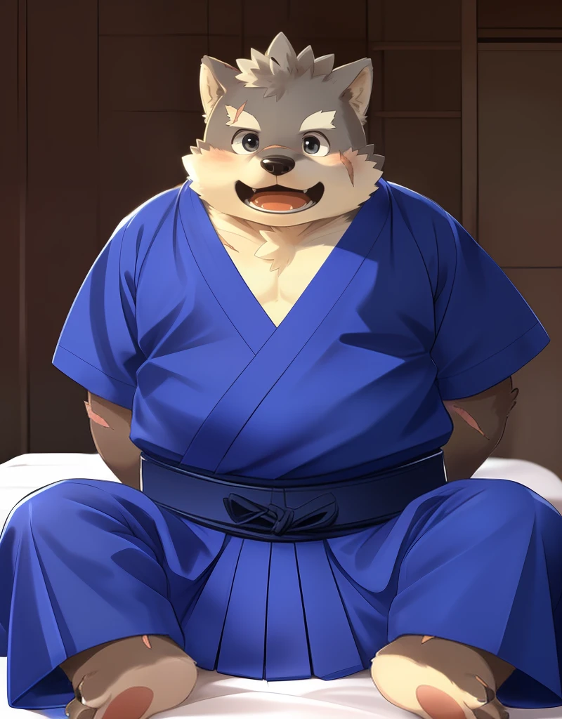 (((detailed eyes, detailed face))), (furry, moritaka <lora:character_moritaka_findigo_v3+1:1>, two-tone fur, dog boy, snout, black eyes, scar, tattoo on hand), male, (solo), (plump, fat, chubby, overweight), (blue kimono, short sleeves, blue hakama), sitting, (arms behind back), smile, (front view) BREAK (konzaburou, ukan_muri), bedroom, (flat shading, flat color, high brightness), 8k, UHD, masterpiece, (full body), (scar on face, scar on cheek, scar on arm, scar on nose)