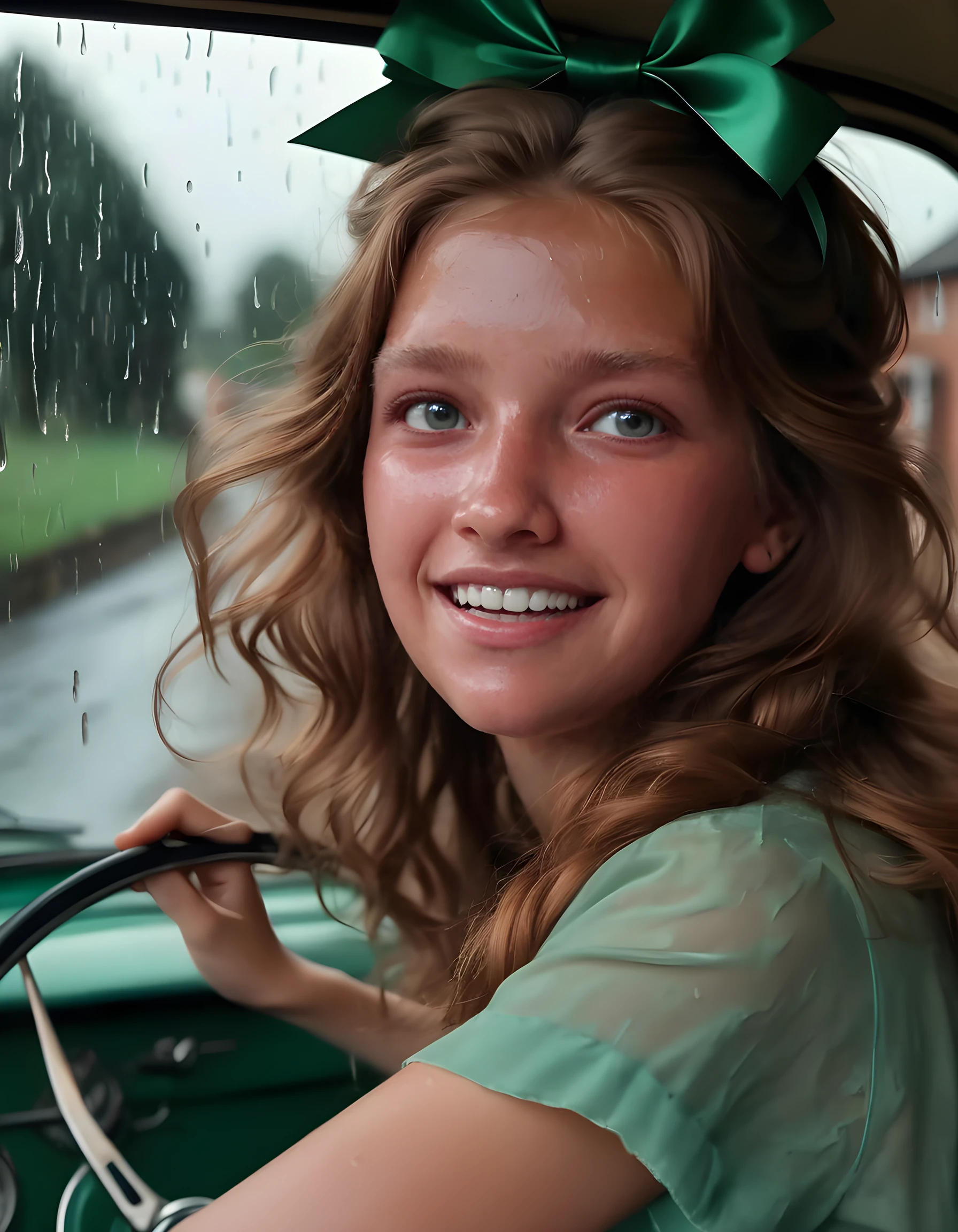 In an evocative, atmospheric close-up, Petra Davidson sits in the driver's seat of a vintage, emerald-green 1967 Volkswagen Beetle, her long, wavy chestnut hair cascading down her back and framing her beaming face as she grins playfully with interlocked fingers. Her eyes sparkle with mischief under dark, winged eyeliner, while a delicate, pearl-encrusted hairband adorns her head. A stack of well-worn books precariously balances on the dashboard, their pages dog-eared and worn, as she reaches towards the viewer with an open, emerald-green bow, its silk ribbon flowing gently in the wind from a cracked window. The warm, golden light streaming through the car's tinted windows casts shadows across her face, creating an ethereal, dreamlike quality to the scene, set against the backdrop of a quaint, rain-soaked English village at dusk.