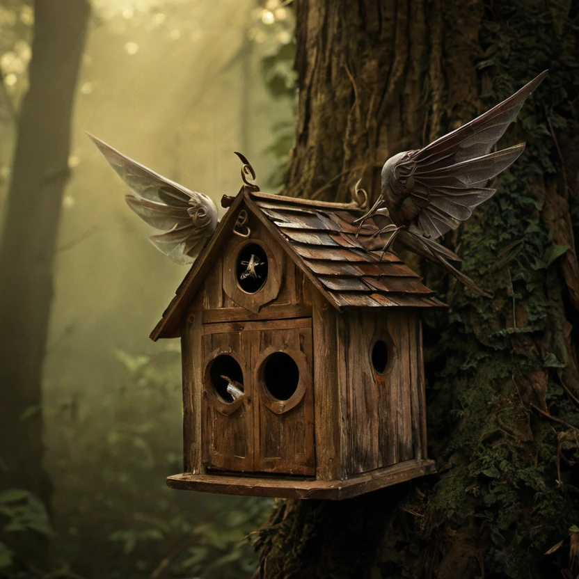 Dreamscape masterpiece, high resolution, detailed best quality, foto realistic, chiaroscuro,
hybrid (bird:.5:bug:.6) in birds house with iron wings _rusty . Surreal, ethereal, dreamy, mysterious, fantasy, highly detailed
