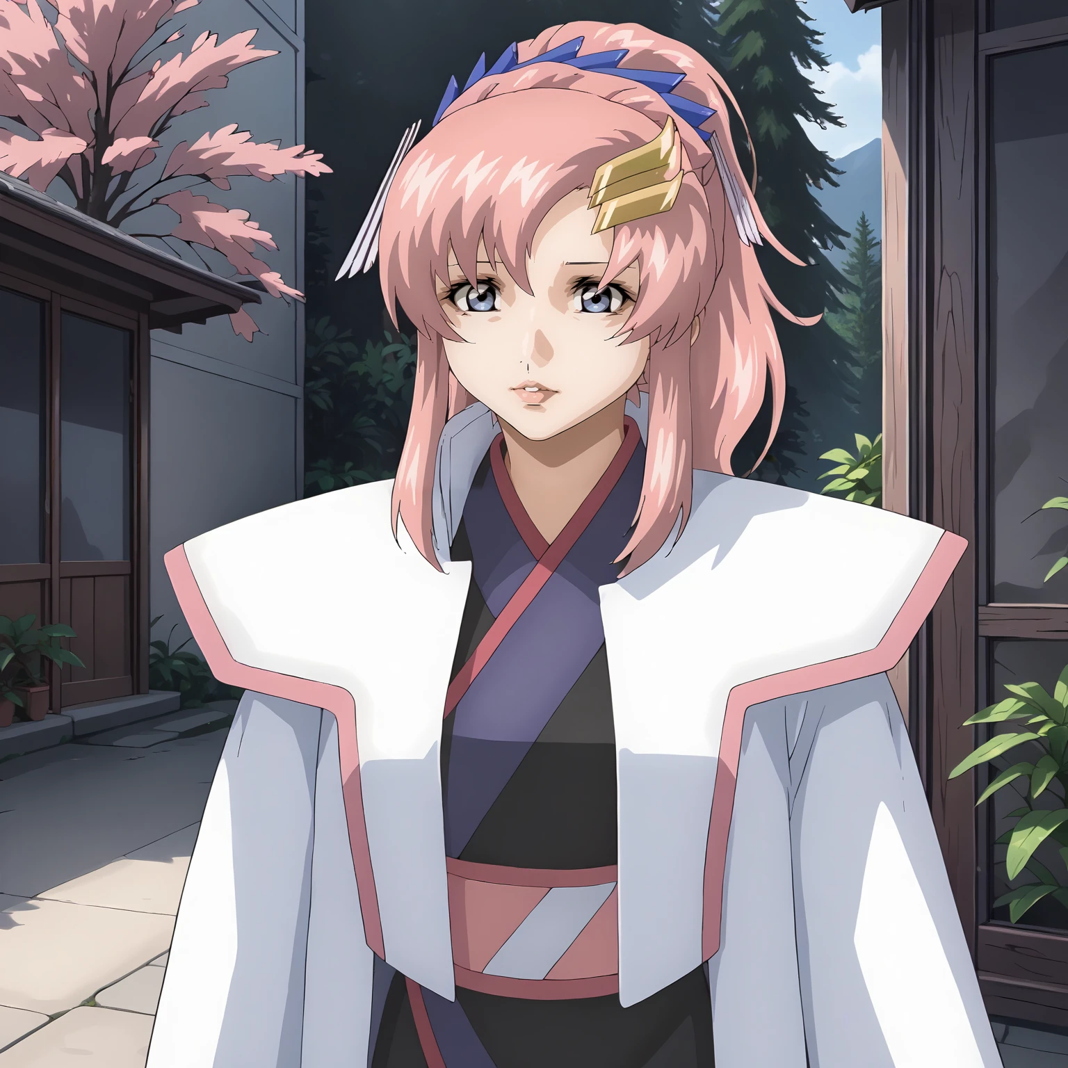 <lora:LacusClyneXLpony002>,
looking at viewer,parted lips,
solo,
LacusClyne,1girl,pink hair,ponytail,blue eyes,
hair ornament,
white coat,kimono,
mini skirt,
outdoors,nature,
standing,upper body,