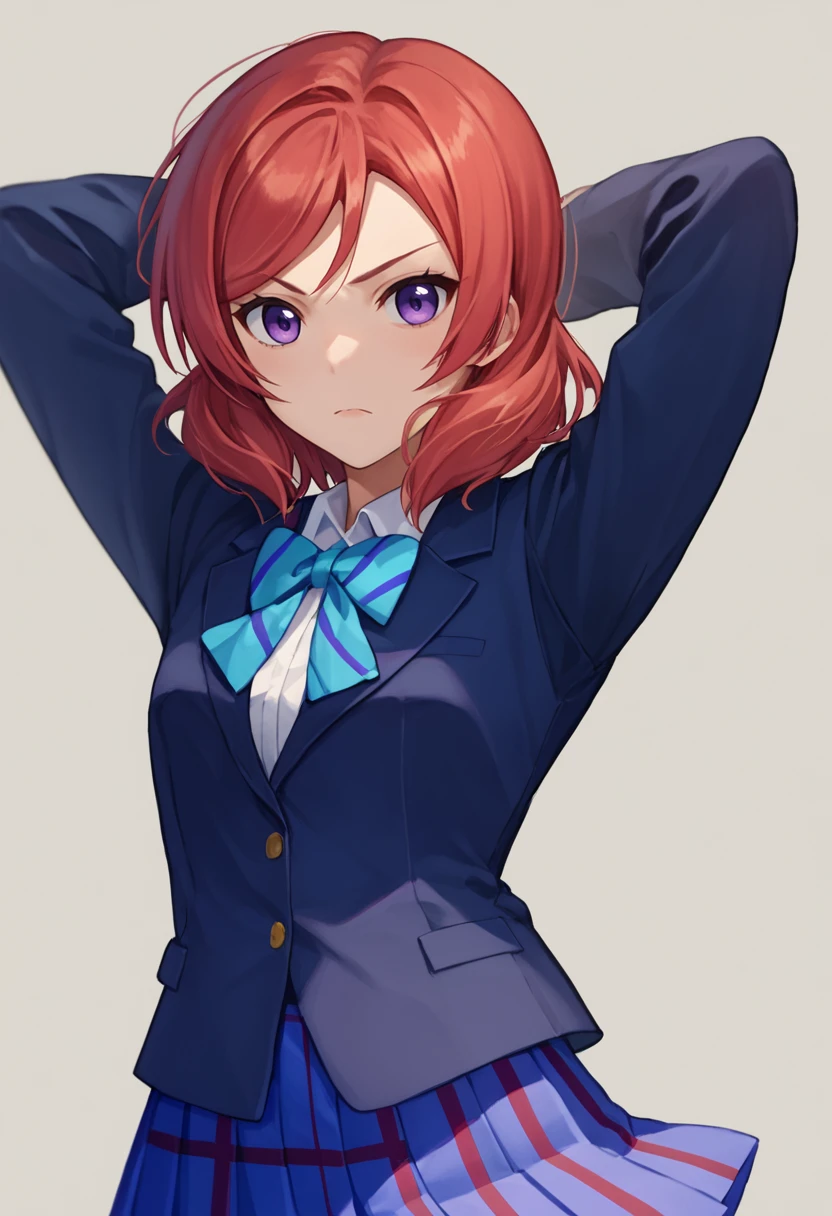 score_9, score_8_up, score_7_up, 1girl, source anime,   Nishikino maki, red hair, purple eyes, short hair, blue blazer, pleated skirt, aqua bow, arms behind head,     <lora:Nishikino Maki 3-000006:1>