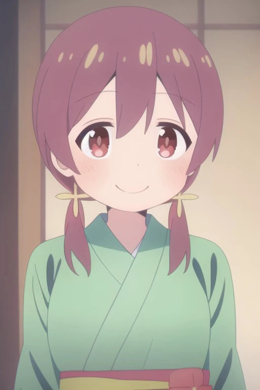 (masterpiece),murosaki miyo, maroon hair, red eyes, long hair, 1girl, solo, smile, twintails, japanese clothes, kimono, looking at viewer, upper body, hair ornament, blush, low twintails