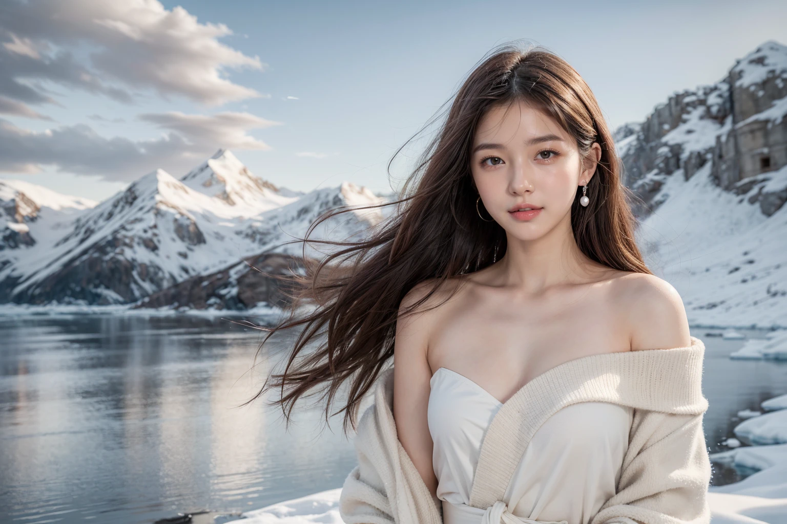(8k,RAW photo,best quality,masterpiece,realistic,looking at ther:1.3),soft light,extremely beautiful face,Random expression,
1girl,16 rky breasts,slim waavage,small mouth,,ck,flat belly,big eyes,
<lora:add_detail:0.7>night,sky,outdoors,pink lips,cute smile,snowing,
Soft Waves Long Hair: This hairstyle features gentle waves, giving long hair a soft texture and dynamic feel,
Pearl Headband: A headband made of small pearls, simple yet elegant, can be paired with various hairstyles, giving off a fresh and graceful feel,
Animal-shaped Earrings: These earrings feature cute animal shapes such as bears, rabbits, or cats, bringing a sense of whimsy and liveliness, ideal for young women,
Embedded Crystal Necklace: The necklace is embedded with multiple sparkling crystals, showcasing luxury and radiance,
(A young woman with an oval-shaped face, characterized by delicate, soft features and a clear, smooth complexion, Her large, almond-shaped eyes are expressive and convey a sense of calm and serenity, She has long, straight dark brown hair that cascades gently over her shoulders, slightly tousled by the cold breeze,She has a slim and petite build, exuding an air of grace and elegance, Her skin is fair, complementing the snowy landscape surrounding her, Her attire consists of a luxurious, fur-lined winter coat draped over her shoulders, contrasting with the minimal clothing underneath, This combination emphasizes her natural beauty and the elegance of the coat, Her overall appearance is modern yet sophisticated, fitting seamlessly into the pristine, icy environment, Her gentle smile and poised demeanor add to her captivating prnce, making her the focal point of the serene winter landscape,:1.7)
The environment is a vast, icy landscape typical of the Arctic or Antarctic regions, The setting features expansive ice fields that stretch as far as the eye can see, blanketed in a thick layer of snow, In the distance, imposing icebergs and snow-capped mountains rise majestically, adding depth and grandeur to the scene, The surface is a mix of snow and clear, reflective ice, creating a stark, pristine white and blue color palette,The climate is extremely cold, with temperatures well below freezing, Despite the harsh conditions, the weather is clear, with only a few clouds scattered across the sky, indicating a calm and stable day, A light breeze stirs the air, just enough to tousle the subject's hair gently, suggesting that while it is cold, the wind is not harsh or biting,The atmosphere is one of serenity and tranquility, The bright, natural daylight illuminates the scene, casting soft shadows and highlighting the glistening surfaces of the snow and ice, The dominant white and blue hues create a clean, almost otherworldly ambiance, reinforcing the purity and stillness of the frozen landscape, The overall mood is peaceful, with a quiet stillness that is only occasionally broken by the subtle sounds of ice cracking or the gentle flow of water beneath the ice, adding to the sense of isolation and untouched beauty,
<lora:Jib_01:0.5:lbw=Hani>