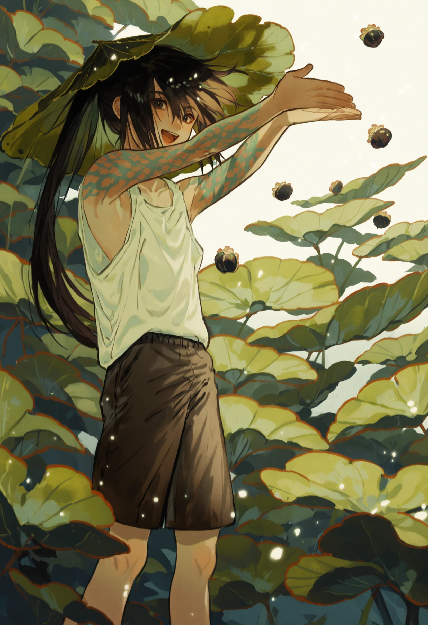 masterpiece, best quality,solo, 1boy, male focus, black hair, shorts, black shorts, open mouth, leaf, tattoo, tank top, white tank top, smile, ponytail, black eyes, long hair, feet out of frame
<lora:huyaXLlokr3f-000191:0.95>