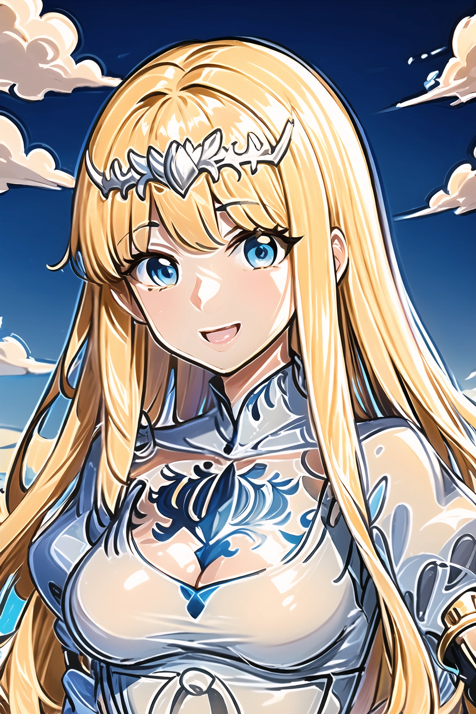 happy face, looking sky, 1girl, solo, Calca, Calca Bessarez, blonde hair, (extremely long hair1.3), very long hair, white tiara, white dress, blue eyes, medium chest,medium breast<lora:EMS-390959-EMS:1.200000>