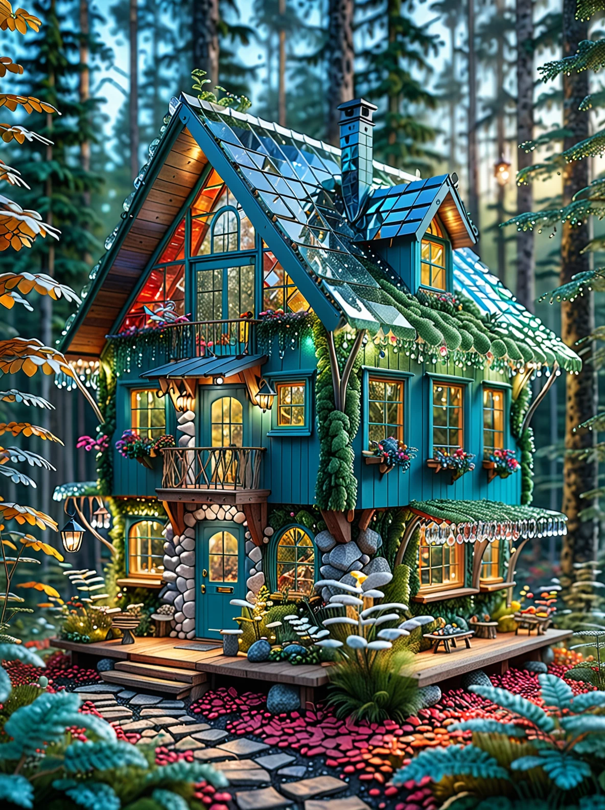 FRESHIDEAS Fantasy Cottage 3D,night. A close-up of the luxurious crystal hut captured using axis shift photography. This vibrant,colorful cottage is set in a dense forest,creating a fantastic scene. The intricate details of the crystal structure are highlighted and bright colors sparkle. The blurred background enhances the surreal and magical atmosphere,making the Crystal Cottage a fascinating focal point in the forest.,