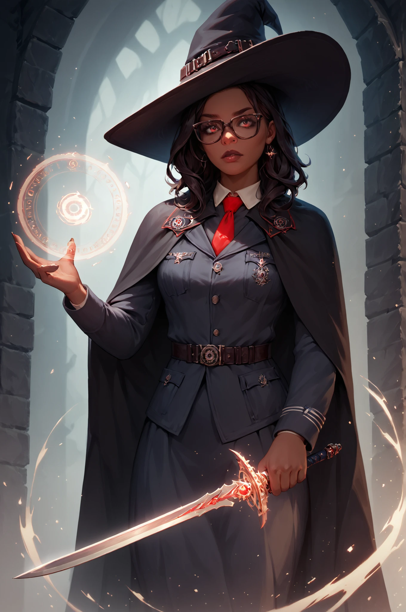 score_9, score_8_up, score_7_up, score_6_up, score_5_up, score_4_up, <lora:BMU-000007:0.99> bmu, uniform, 1girl, dark_skin, skirt, red_tie, witch_hat, casting_spell, magic, holding_sword, cloak, glasses, (high quality, detailed, beautiful)