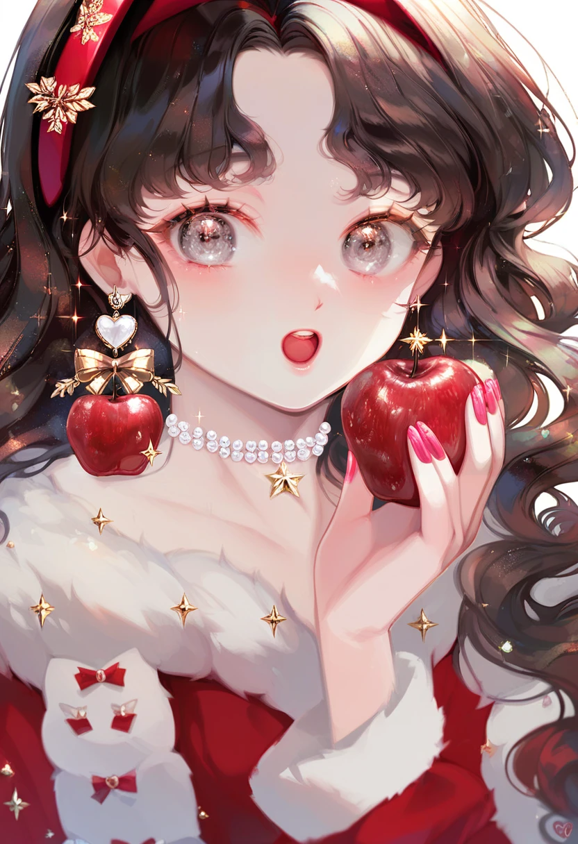 score_9, score_8_up, score_7_up, score_6_up, <lora:OH4XL_P6_lokr_V4312:0.95> 1girl, food, fruit, solo, holding food, holding fruit, holding, jewelry, hairband, fur trim, looking at viewer, open mouth, earrings, necklace, long hair, red hairband, pearl necklace, black hair, apple, white background, christmas, parted bangs, eyelashes, grey eyes, nail polish, upper body, sparkle, teeth, long sleeves, gem, red dress, heart, strawberry, upper teeth only, pink nails, simple background, brown hair, curly hair, fingernails, red nails, blush, fur-trimmed sleeves, portrait, hair ornament, red bow, glint, star \(symbol\), christmas ornaments