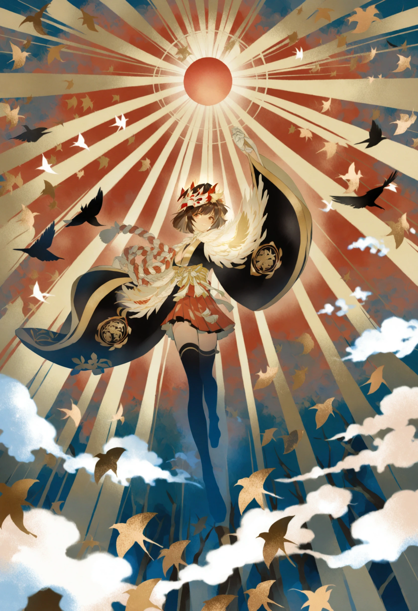 masterpiece, best quality,1girl, solo, thighhighs, mask, japanese clothes, short hair, wide sleeves, sunburst, black hair, black thighhighs, rope, leaf, kimono, shimenawa, skirt, red skirt, sunburst background, brown hair, mask on head, light rays, full body, looking at viewer, long sleeves, sun, gloves, breasts, bird
<lora:huyaXLlokr3f-000191:0.95>