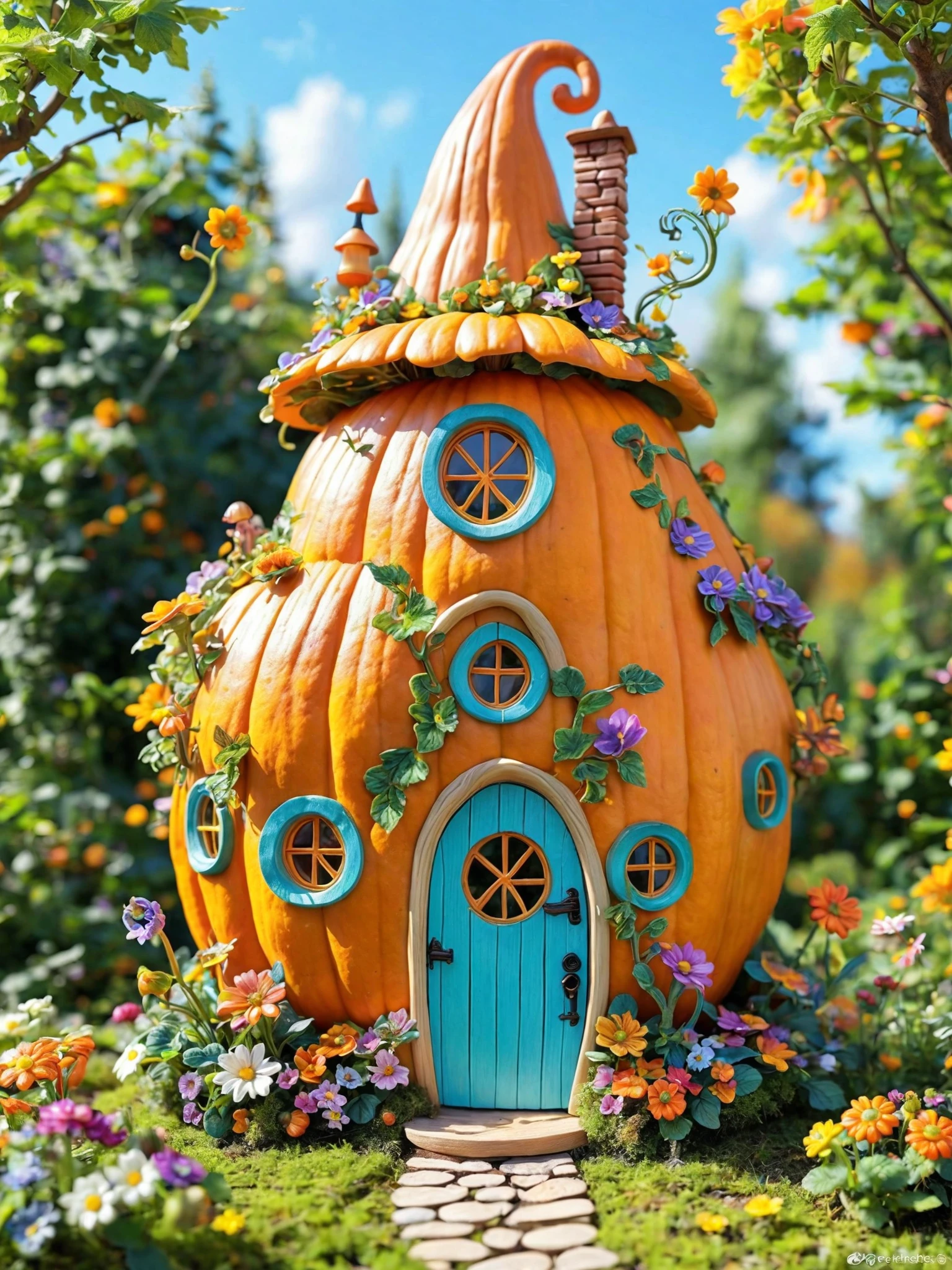 FRESHIDEAS Fantasy Cottage,pumpkin house,a flower fairy's residence,surrounded by flowers,colorful decoration,