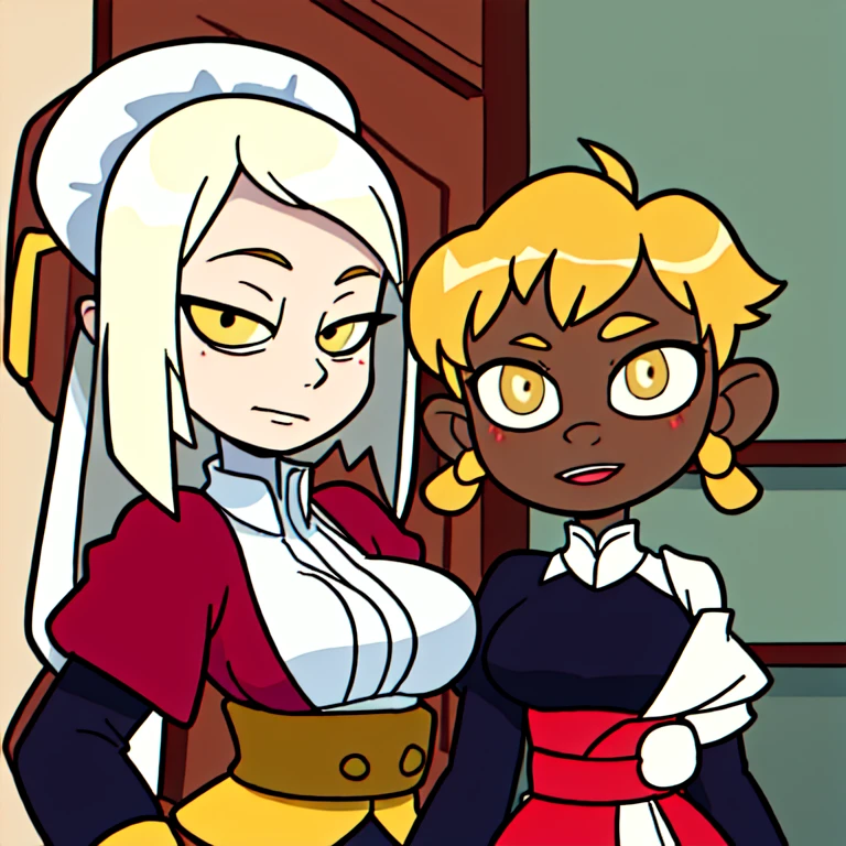 ((masterpiece,extremely detailed, best quality, new , newest)), cartoon style, bathroom, dark orange hair, gold hair, short hair, folded ponytail, gold eyes, pale skin, 0.3::pinafore sress0.3::, medium breasts, japanese clothes, two-tone hair, long dress, dark skin, high priest \(ragnarok online\), maid, portrait, latex ,vs, golden,Upper Body, breast press,