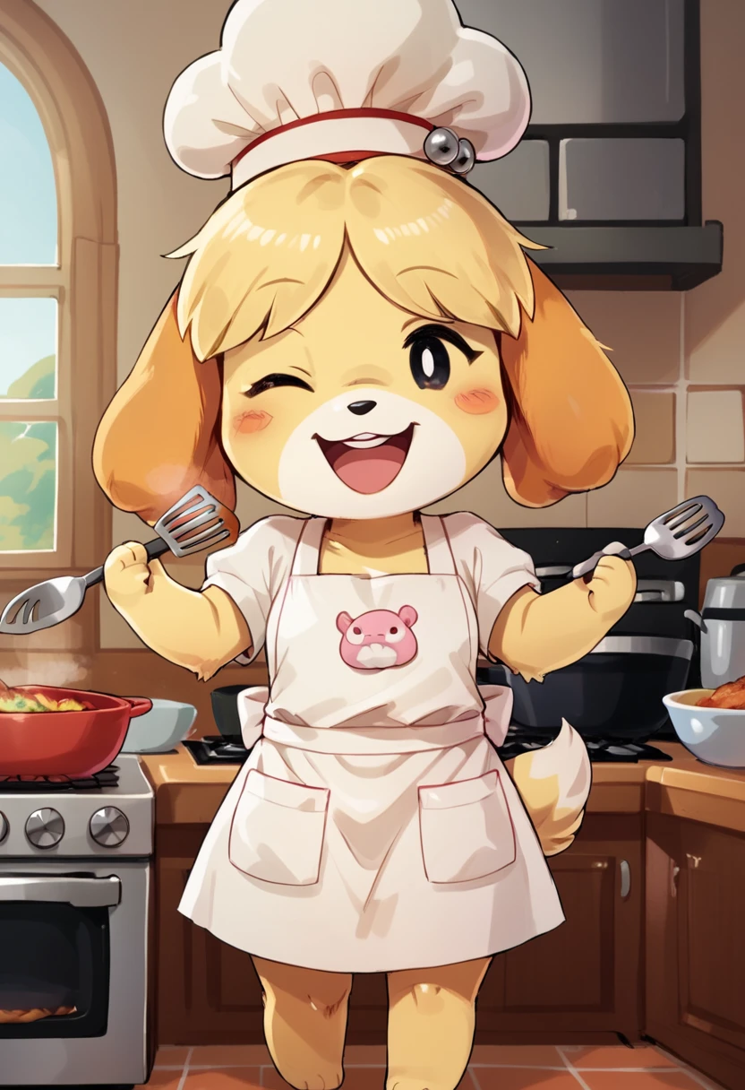 score_9, score_8_up, score_8,    <lora:Shizue_for_PonyXl:0.8> 1girl, dog girl, shizubelle, animal ears, furry female, blonde hair, tail, black eyes, topknot, chef hat, kitchen, cooking lobster, apron, wink, open mouth,