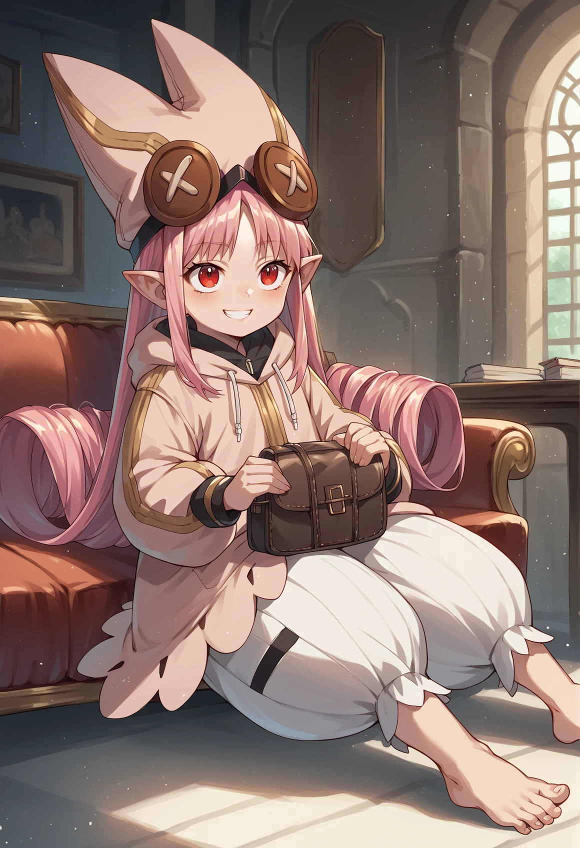 1girl, minigirl, long hair, sidelocks, pink hair, red eyes, pointy ears, hat, Goggles On Head, hoodie, bag, baggy pants, sitting, indoors, couch, seductive smile, barefoot, head on knee, mansion, 
 <lora:Habetrot:1>, score_9, score_8_up, score_7_up, score_6_up, score_5_up, score_4_up, BREAK source_anime, masterpiece