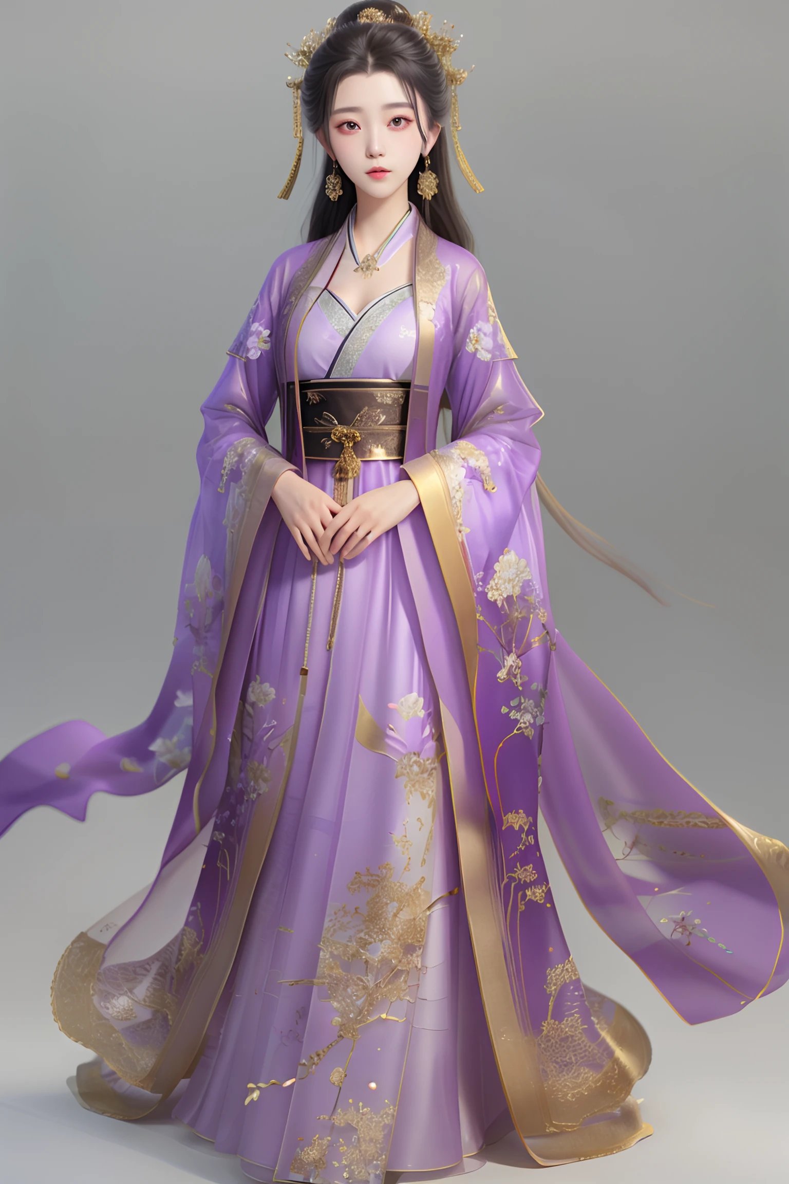 Highest quality,(full body photo: 1.3),Beautiful young woman wearing purple hanfu,Translucent,silky,noble temperament,intricate gold embroidery on the clothes,dark background, 