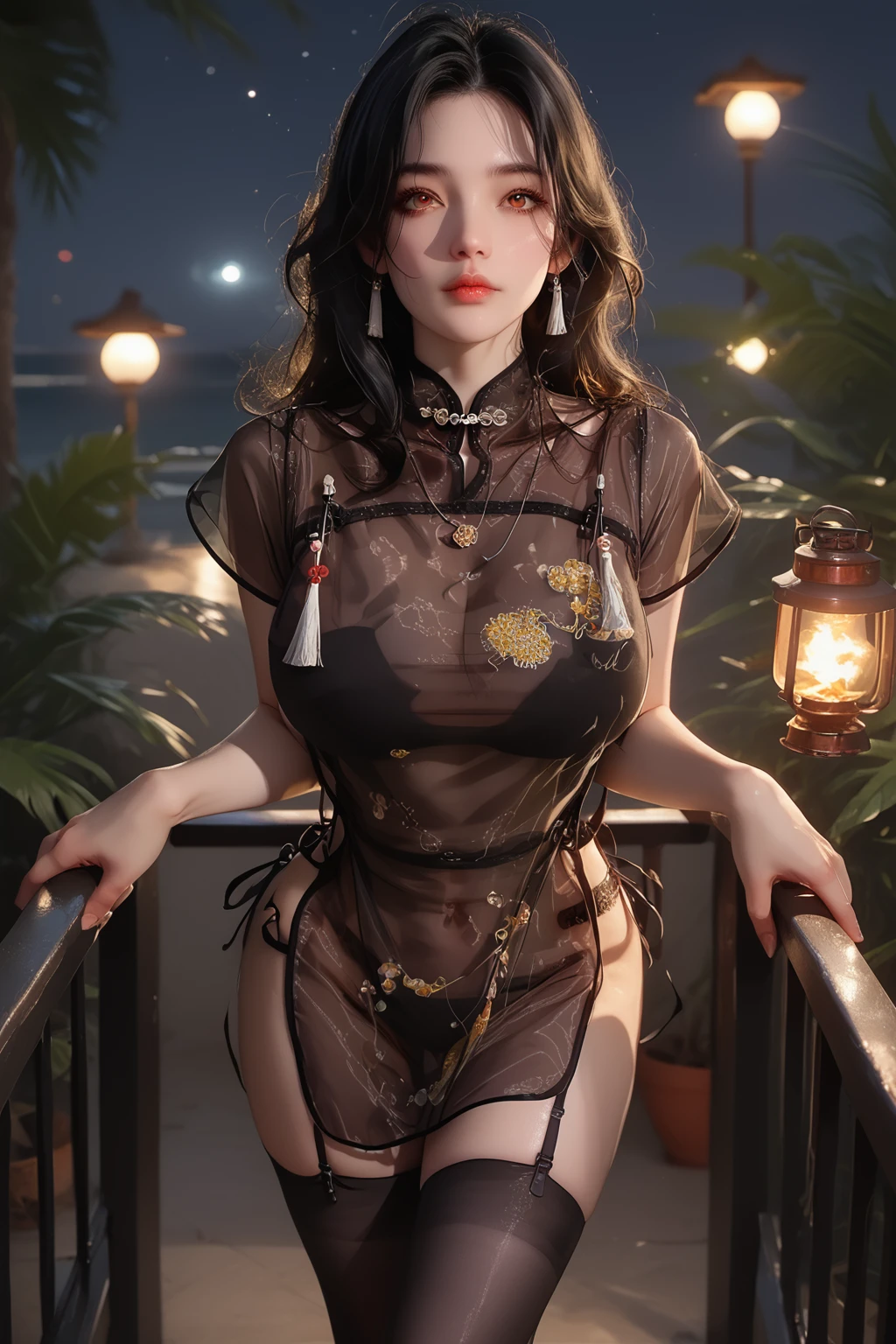 tropical setting,night time,torch lights,necklaces,solo,ayane,long hair,brown eyes,black hair,garter belt,big breasts,round breasts,steam,1girl,hetero,woman focus,closeup,concept art,summer night,doaAyane,black hair,red eyes,black thighhighs,black cheongsam,pale_skin,beautiful face,shiny_skin,,,,head_down,from_above,<lora:d3t41l3dXLP:0.6>,<lora:PONY_Expressive_H-000001:0.8>,<lora:gk-cheongsam-sdxl:1>, score_9, score_8_up, score_7_up,, score_6_up, score_5_up, score_4_up,