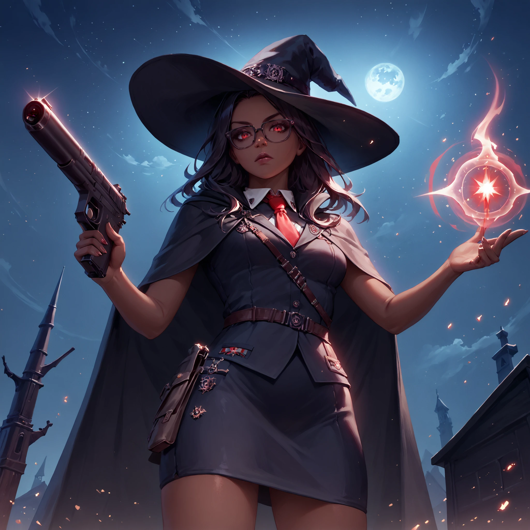 score_9, score_8_up, score_7_up, score_6_up, score_5_up, score_4_up, <lora:BMU-000007:0.99> bmu, uniform, 1girl, dark_skin, skirt, red_tie, witch_hat, casting_spell, magic, holding_gun, cloak, glasses, red_eyes, black_hair, very_long_hair, handgun, night_sky, from_below, , (high quality, detailed, beautiful)