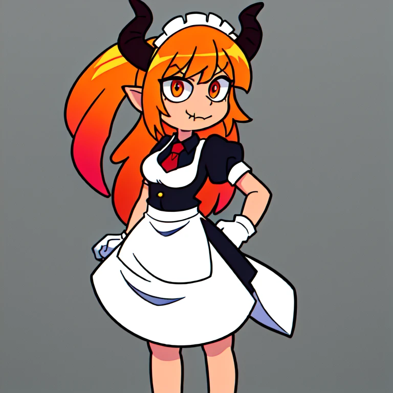 ((masterpiece,extremely detailed, best quality)), cartoon style, 0.7::collared shirt, barefoot, small breasts, colorful, closed mouth, wide eyes:1.5, eyeliner, gradient, gradient clothes, long dress, black dress, formal, black outline, lineart, long hair, standing, vs, tohru \(maidragon\), large breasts, dragon tail, long hair, gloves, necktie, multicolored hair, dress, orange eyes, puffy sleeves, dragon horns, slit pupils, large tail, gradient hair, frills, bangs, tail, fang, blonde hair, horns, twintails, short sleeves, scales, puffy short sleeves, red eyes, hair between eyes, maid headdress, breasts, white gloves, orange hair, maid, shower , demon girl,