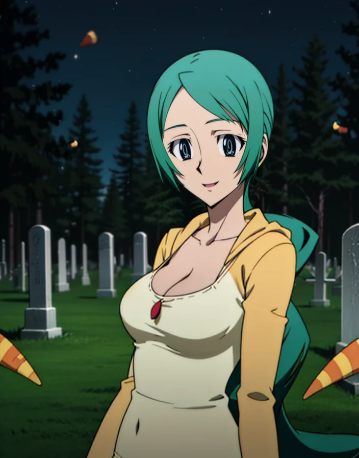 (18 year old girl, young),  1girl, looking at viewer, 
(at a cemetery), night time, outside, trees,
 r1tsuk0, <lora:r1tsuk0_epoch_10:.75>, blue eyes, medium breasts, cleavage, aqua blue hair, very long hair, official style, (wearing candy corn costume:1.3),
(masterpiece:1.3), (best quality:1.2), (high resolution:1.2),cinematic lighting,colorful, high contrast,
<lora:animemix_v3_offset:.5>