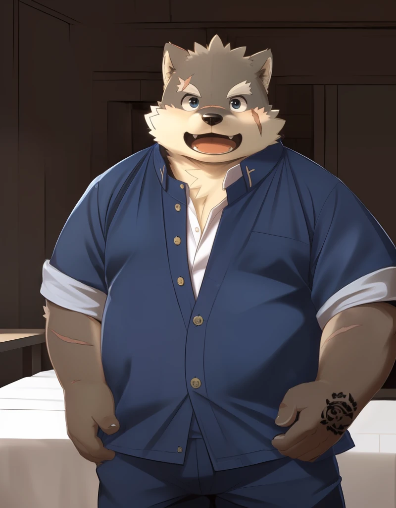 (((detailed eyes, detailed face))), (furry, moritaka <lora:character_moritaka_findigo_v3+1:1>, two-tone fur, dog boy, snout, black eyes, scar, tattoo on hand), male, (solo), (plump, fat, chubby, overweight), ((blue gakuran:1.8), white shirt, blue pants, yellow button), standing, (arms behind back), smile, (front view) BREAK (konzaburou, ukan_muri), bedroom, (flat shading, flat color, high brightness), 8k, UHD, masterpiece, (full body), (scar on face, scar on cheek, scar on arm, scar on nose)