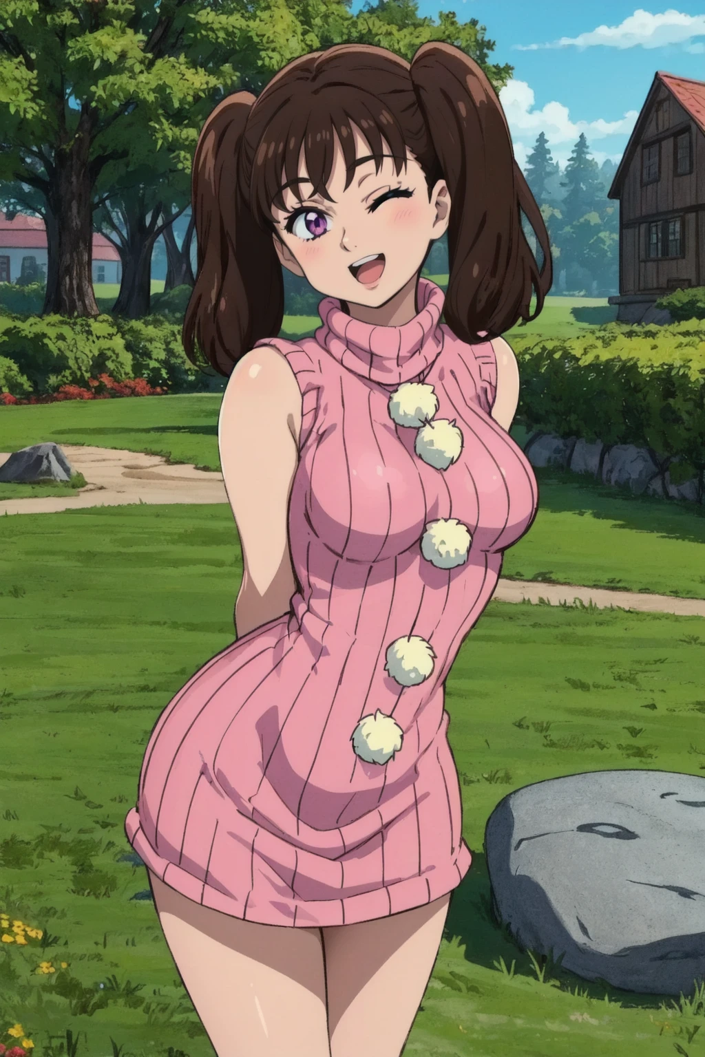 diane,1girl,purple eyes, brown hair, twintails,one eye closed, pink sweater dress, short dress,sleeveless, turtleneck,white pom pom \(clothes\), open mouth,smile,looking at viewer,medium breasts,arms behind back,leaning forward,tree, bush, stone road, building, grass, (8k,best quality, masterpiece)   <lora:diane_v1:1>