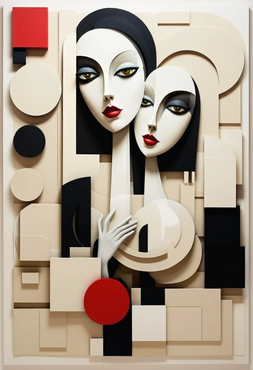 a bird's-eye perspective, a striking abstract painting takes center stage on a light beige canvas. the painting is composed of a series of geometric shapes, predominantly black, and red, arranged in a square pattern. 3d, volumes, the black shapes dominate the majority of the composition, while the white shapes are subtly revealed in the lower right corner. the painting's title, "dancing couple," is subtly etched into the lower right corner of the canvas.