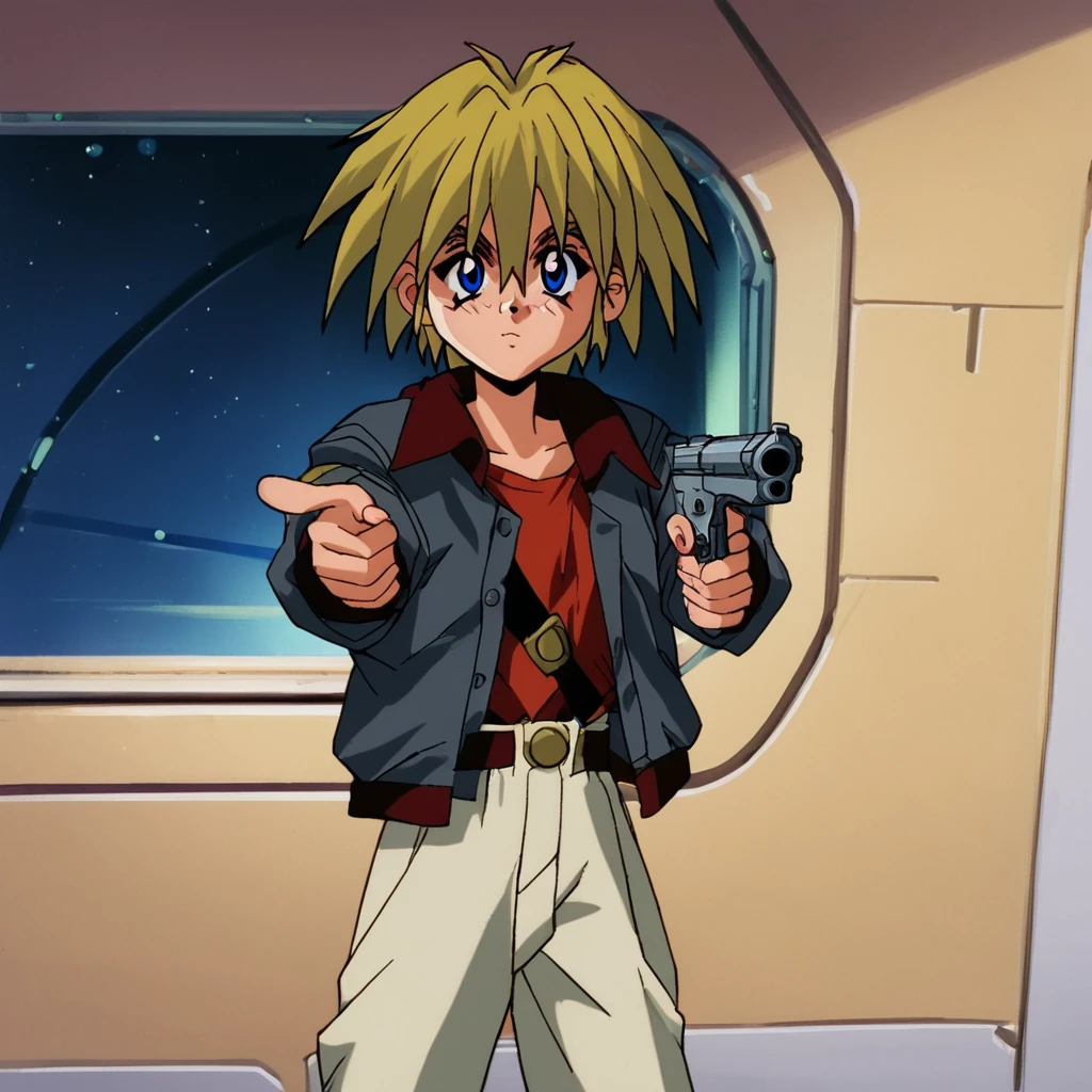 source_cartoon, score_9, score_8_up, score_7_up, score_6_up, score_5_up, jim hawking, 1boy, solo, aiming gun, pointing pistol at viewer, spiky hair, skinny, short, spaceship interior, standing, facing viewer, front view,2d, retro artstyle, 1990s \(style\)