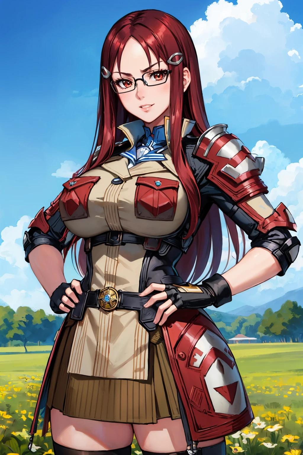 masterpiece, best quality, 1girl,   <lora:vc4minerva-nvwls-v1-000009:0.9> vc4minerva, hairclip, glasses, brown jacket, brown uniform, shoulder pads, armor, fingerless gloves, green miniskirt, black thighhighs, knee pads, (huge breasts:0.8), upper body, looking at viewer, serious, smirk, blue sky, field, hands on hips