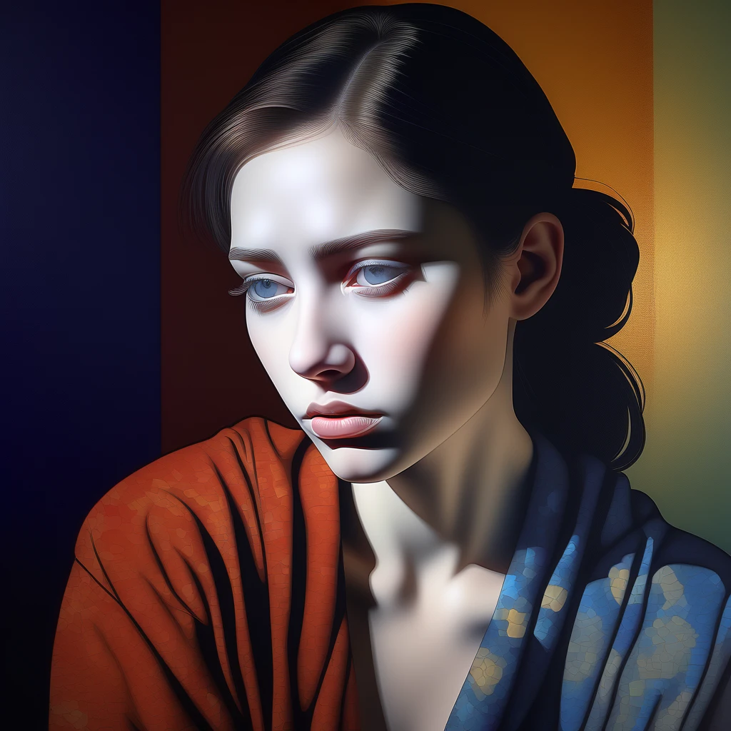 captivating painting, portrait, sad young woman, shy, vulnerable, pensive, piercing gaze, looking into the distance, Cloisonnism, close up shot, light and shadow, volumetric lighting, high quality, nostalgic, masterpiece, beautiful contrast, dark background, split complementary colors,