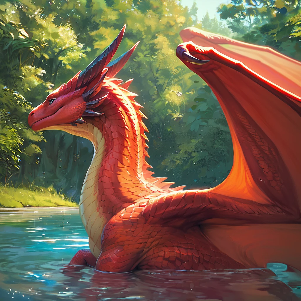 (score_9:1.2), (score_8_up:1.1), score_7_up, score_6_up, red dragon taking a bath in a forest lake, side view, wings, tail, detailed scales, nature, submerged, water  <lora:ponydragon-xl-v1:0.9>, beautiful, peaceful, feral