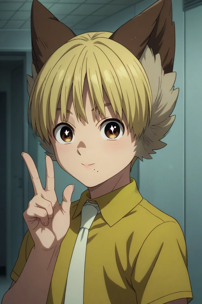 score_9, score_8_up, score_7_up, , rating_safe, intricate details, semi-realistic, looking at viewer, , 1boy, solo, male focus, <lora:nobimaru_kemono_jihen_pony:1>, nobimaru_kemono_jihen, blonde hair, brown eyes, short hair, mole under mouth, animal ears, , upper body, hospital, light, victory pose, sparkling eyes, psycho costume, <lora:sdxl_lightning_8step_lora:1>