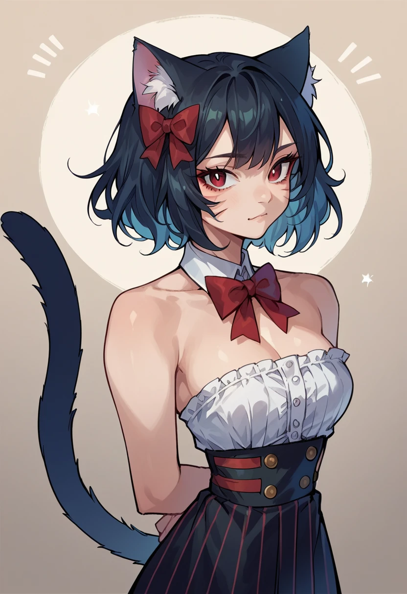 <lora:ExobeloStyle-000020:1>, score_9, score_8_up, score_7_up, source_anime, 
1girl, solo, catgirl, cat ears, long black hair, red eyes, cat tail, looking at viewer, hands behind back, medium breasts, bow tie