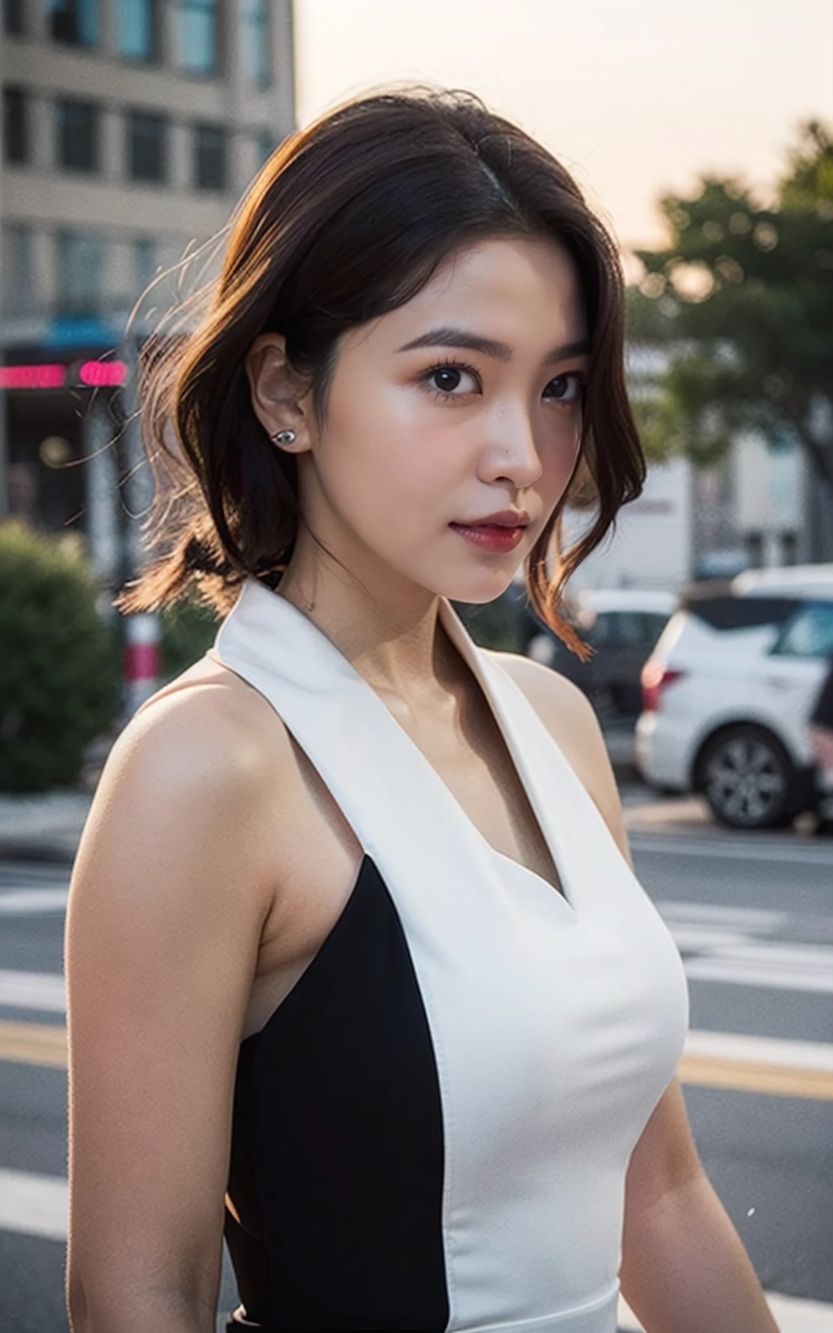 <lora:Yeri_V1:1> Yeri_V1,, (realistic), (hyperrealism), (photorealistic:1.4), 1girl, looking at the viewer, eye makeup, detailed eyes, detailed face, (upper body:1.2), detailed background, black dress, walking at the streets, sunset, (windy:1.2)