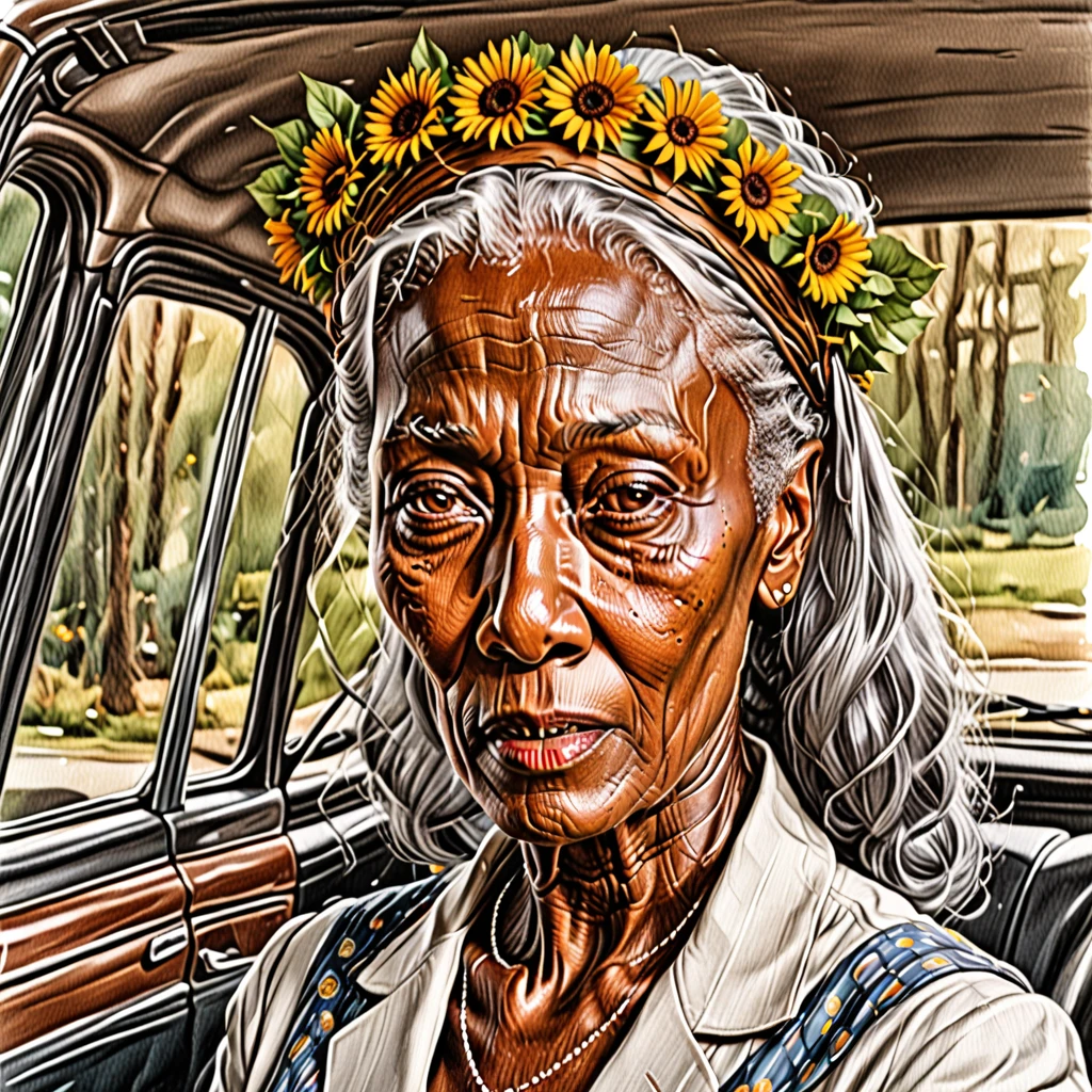 solo, old woman, formal, suit, lips, motor vehicle, head wreath, brown eyes, upper body, dark skin